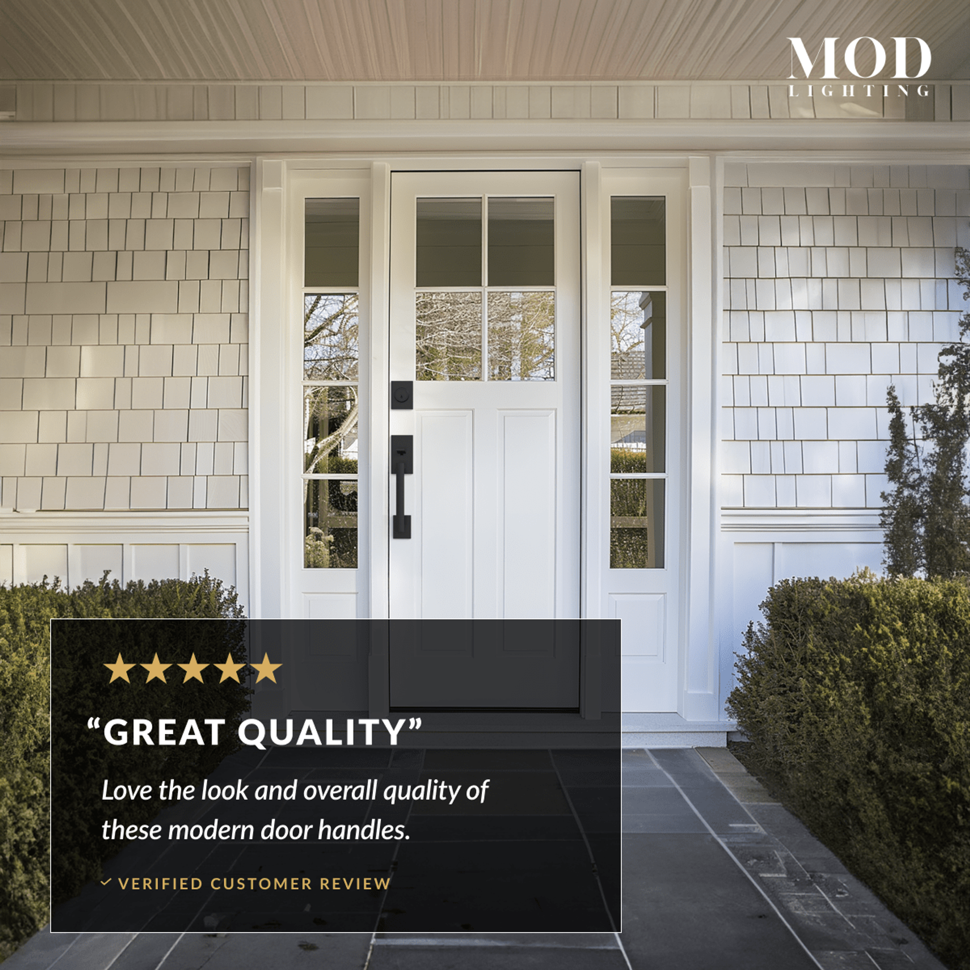 Modern Front Door Lock Set, matte black handleset on a white home entry door beside a five-star customer review