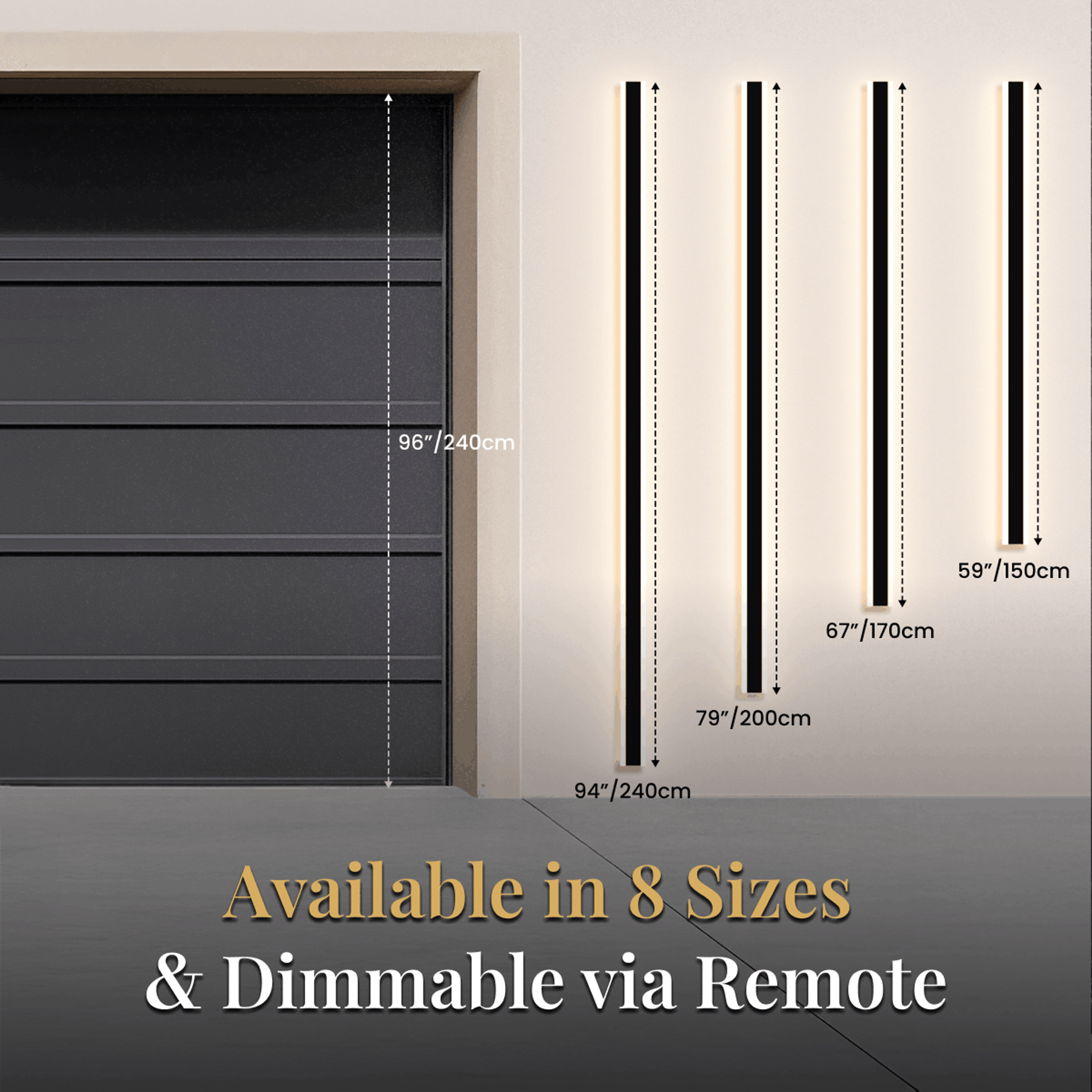 Haylen solar wall light size chart: 59", 67", 79" and 94" length bars by a garage
