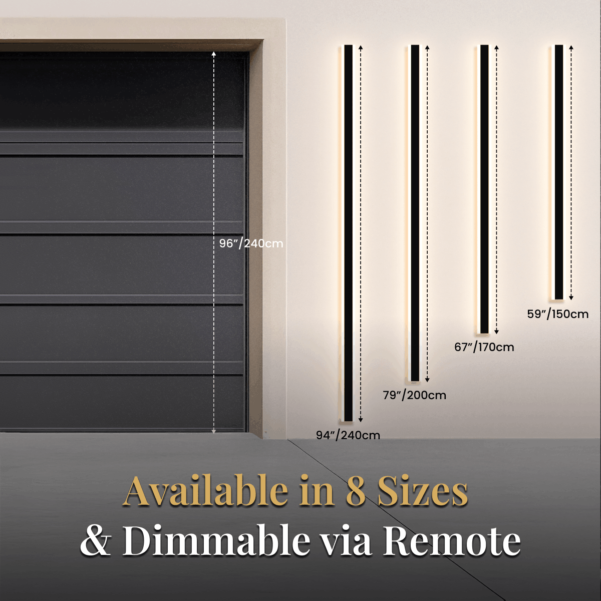 Haylen solar wall light size chart: 59", 67", 79" and 94" length bars by a garage