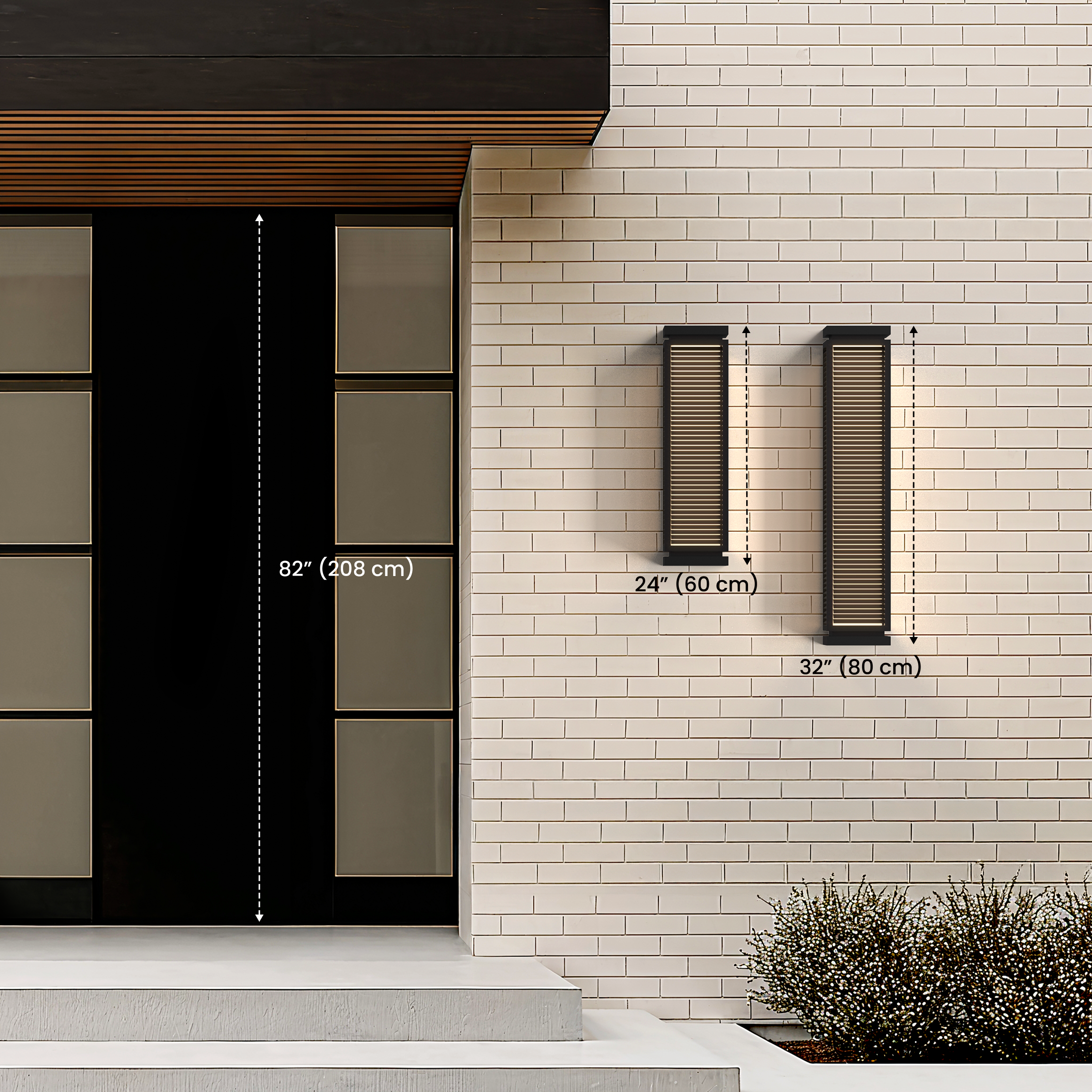 Fern sconce dimension diagram, 24" and 32" sizes mounted by an 82" door