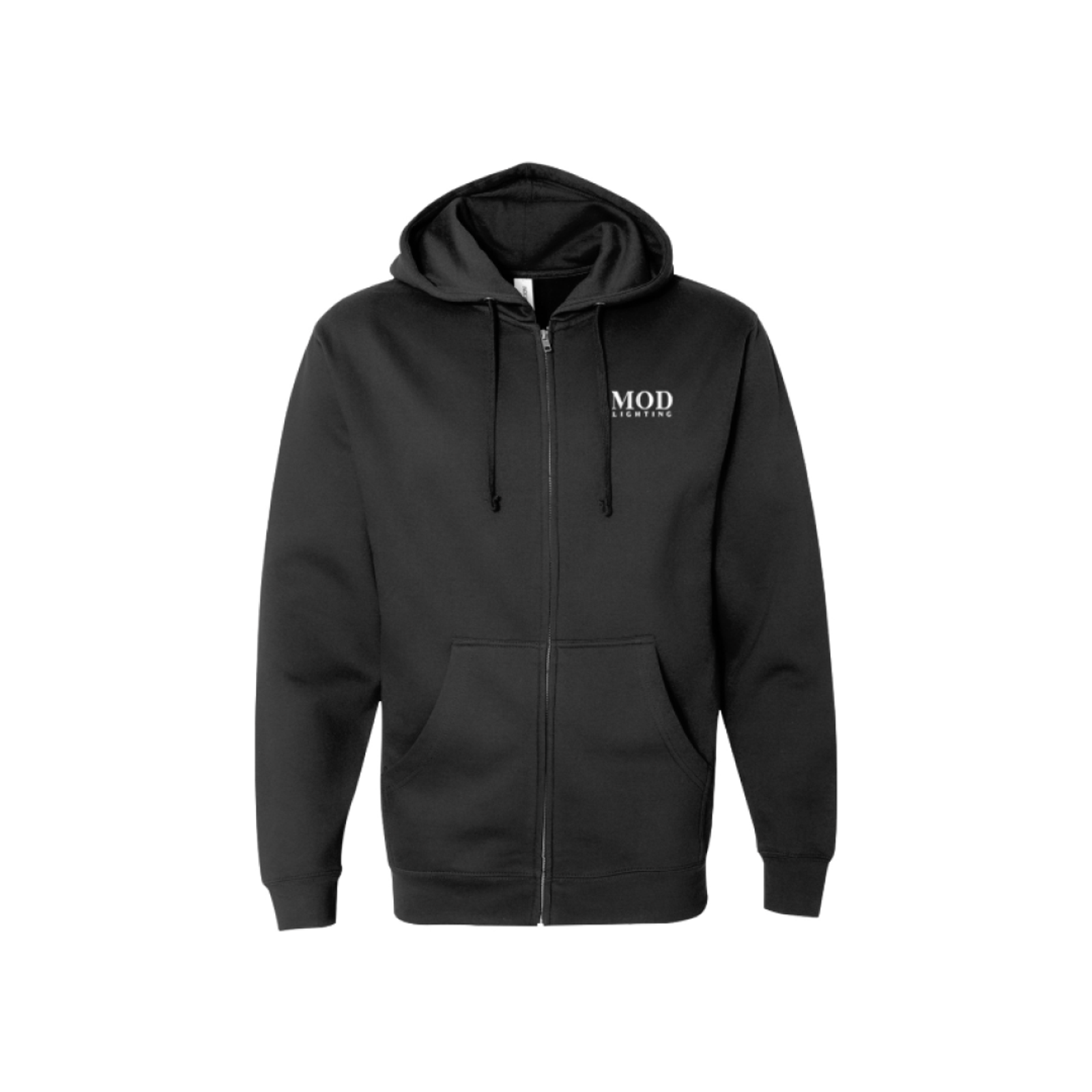 MOD LIGHTING black zip-up hoodie, front view with embroidered white logo
