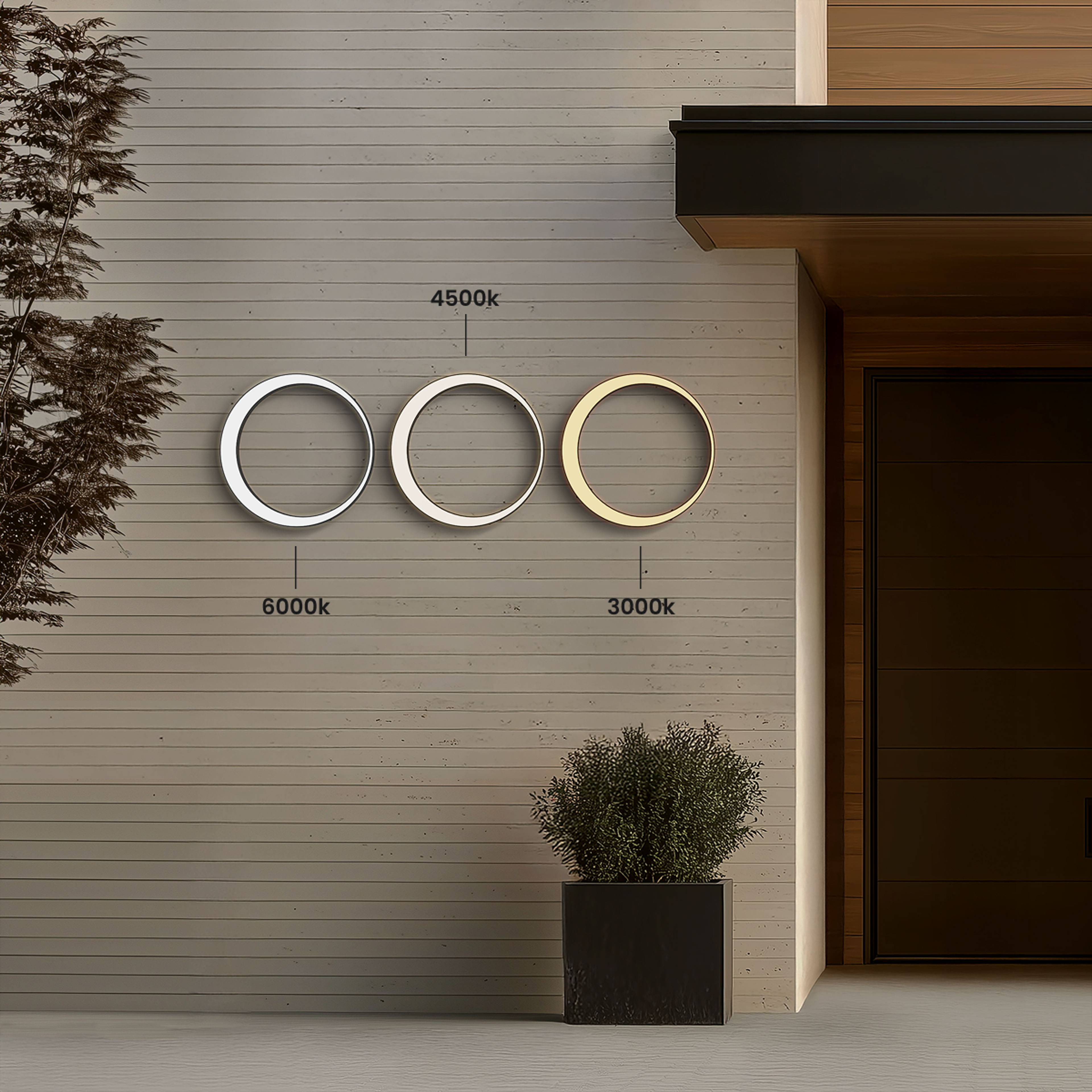 Gleam black ring outdoor wall lights in three color temperatures, 6000K, 4500K and 3000K, on a facade