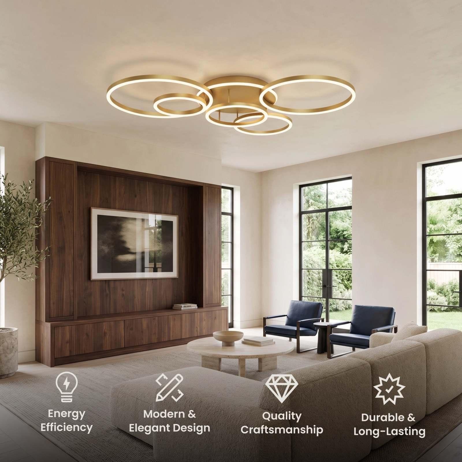 Chloe Smart gold multi-ring ceiling light in a living room, with feature icons