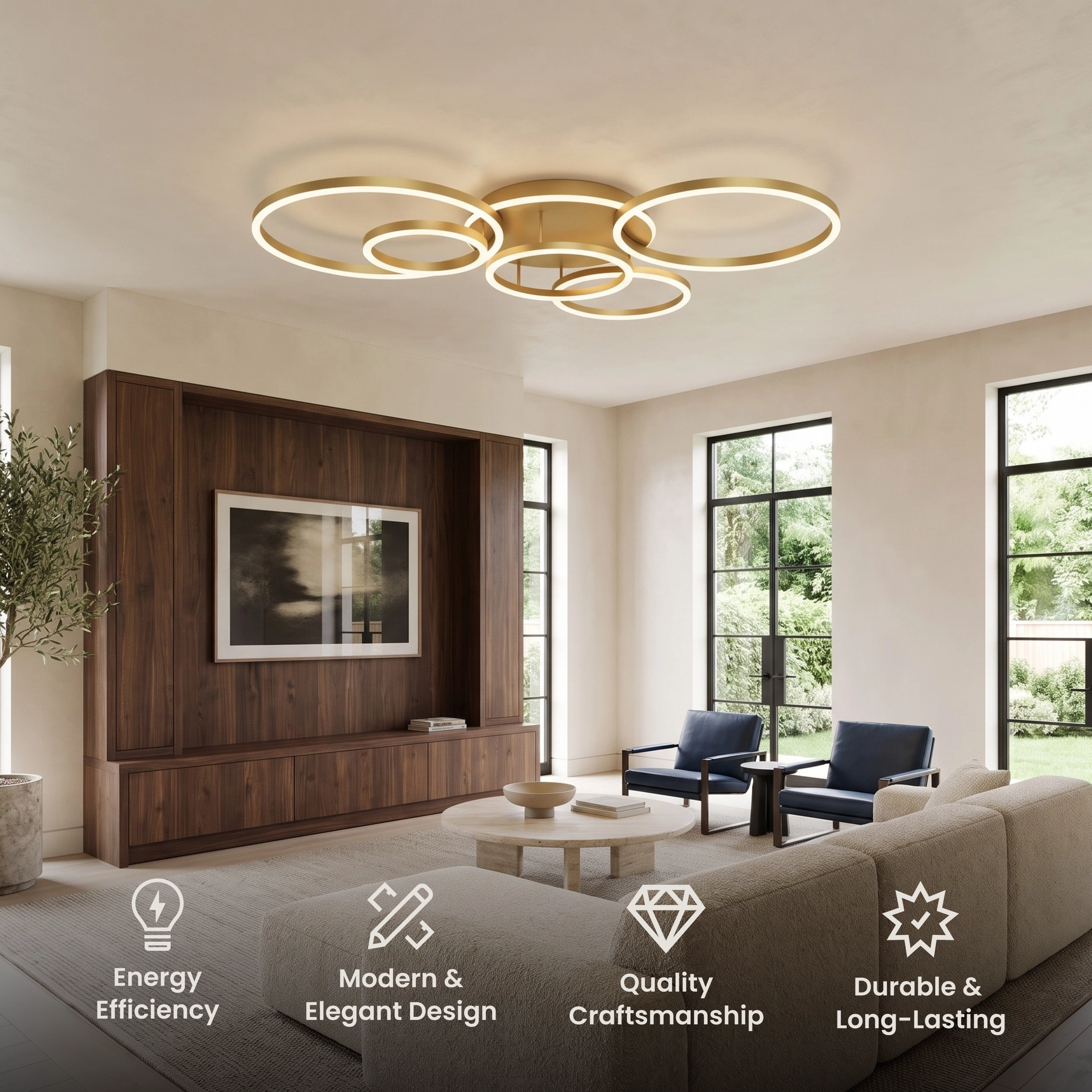 Chloe Smart gold multi-ring ceiling light in a living room, with feature icons