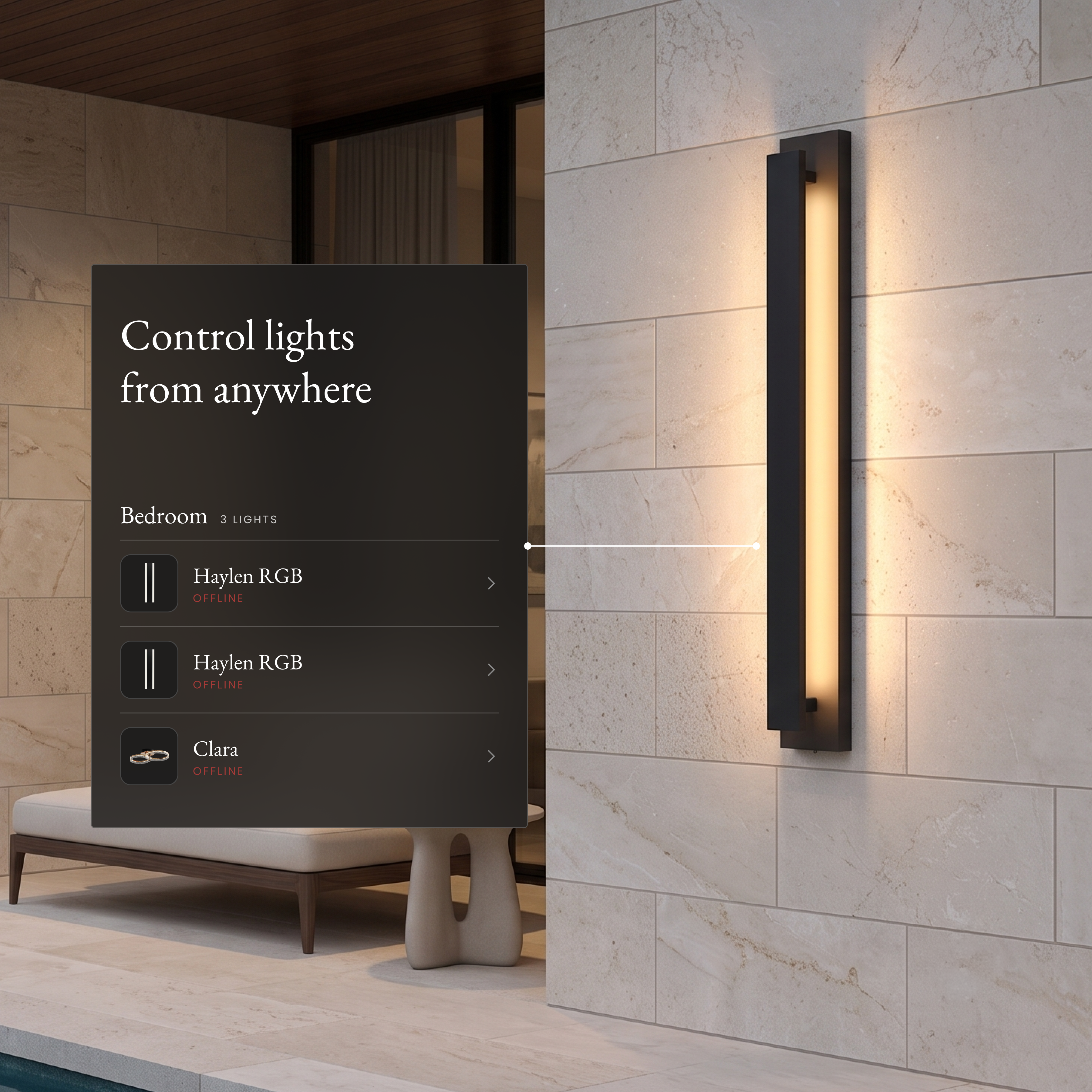 Vetra Smart black vertical LED sconce on a stone wall beside an app panel controlling lights from anywhere