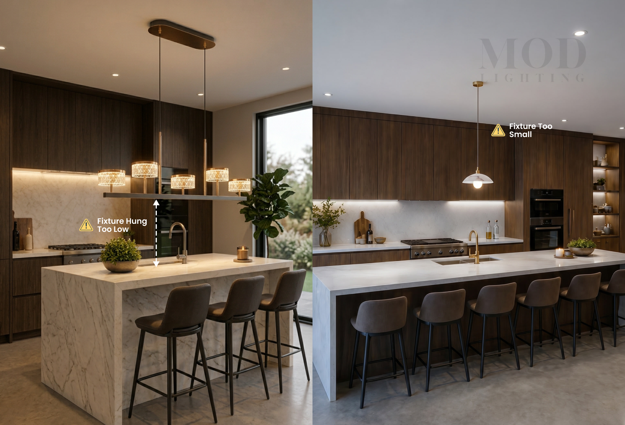 fixtures hung too low and pendants that are too small for the island