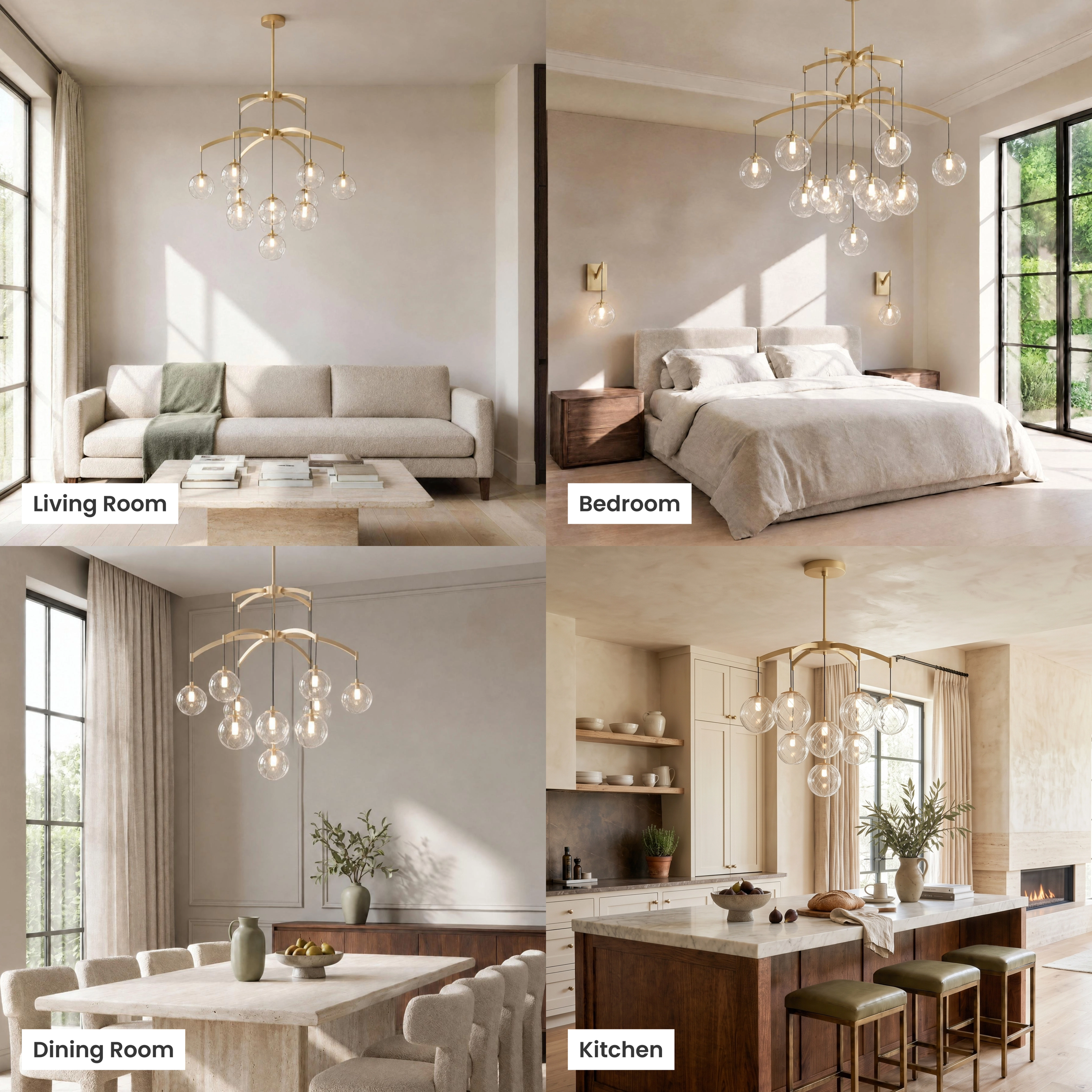 Mirella, brushed-gold globe chandelier, shown in a living room, dining room, bathroom and commercial space