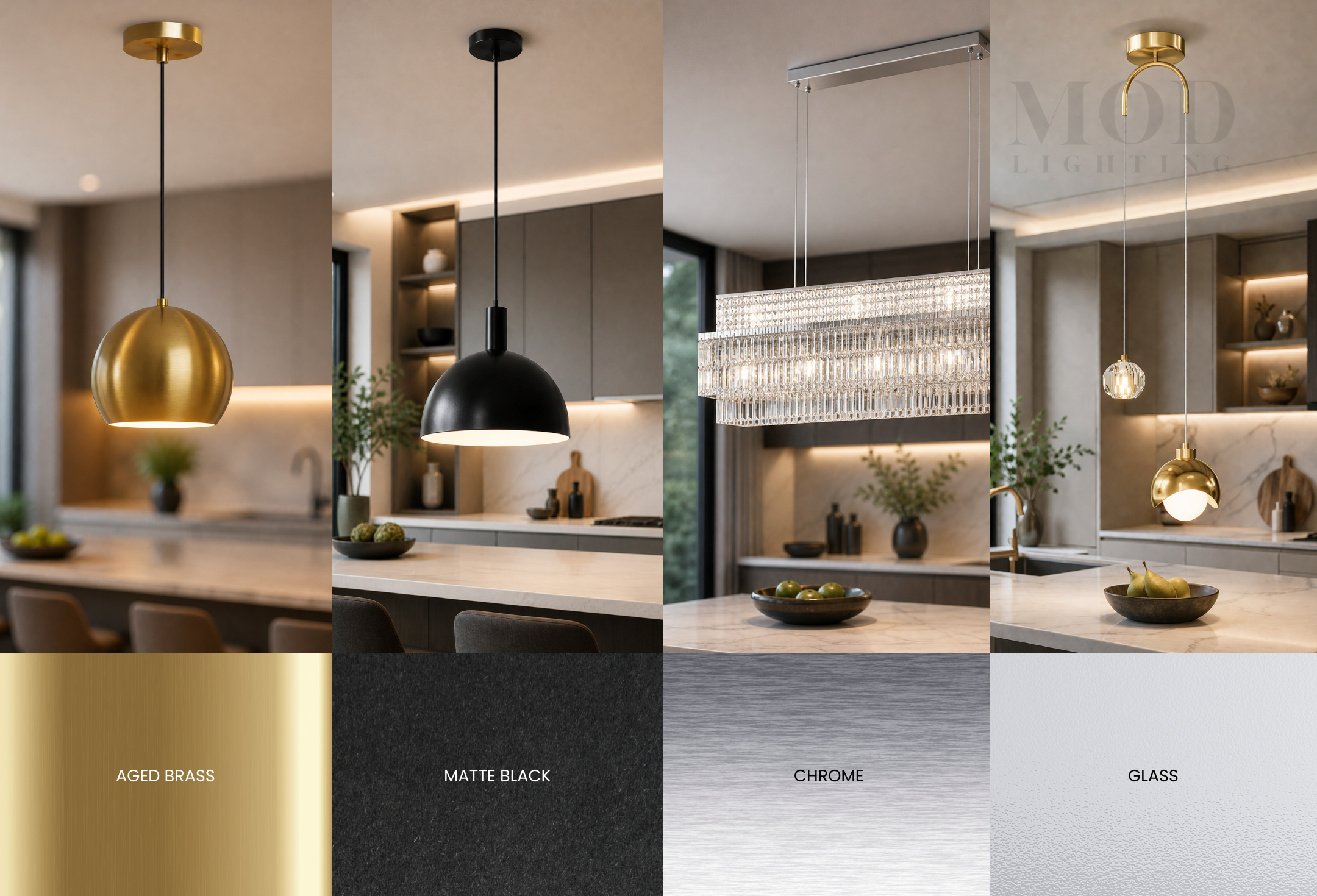 aged brass, matte black, chrome, and clear glass