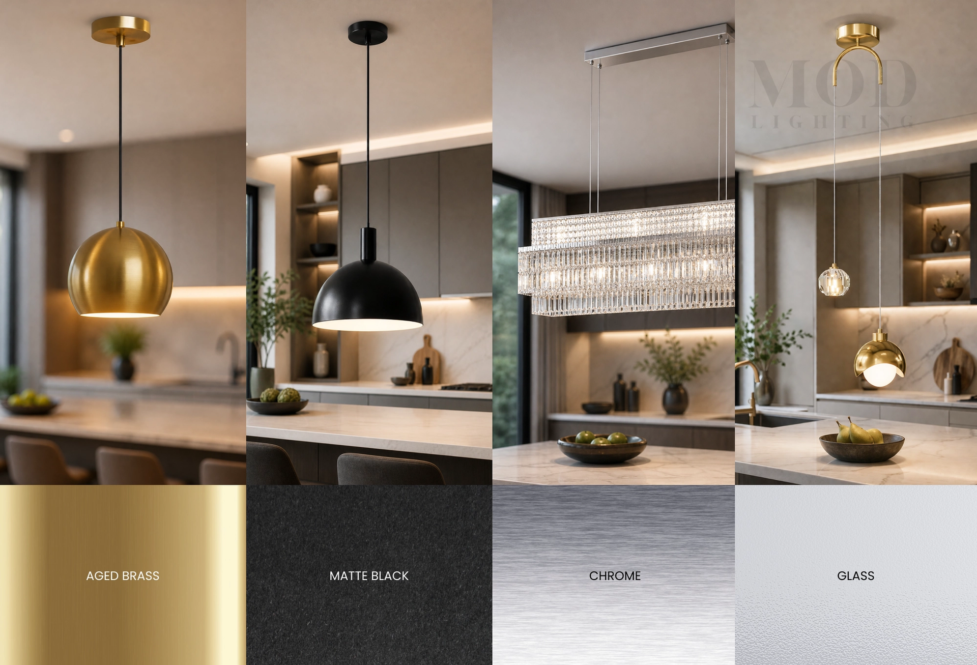 aged brass, matte black, chrome, and clear glass