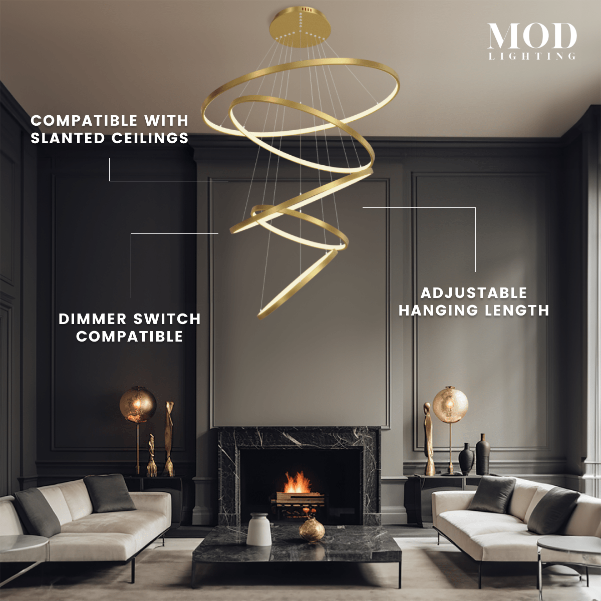 Janet ring chandelier, gold interlocking rings, hung against a paneled gray wall by an accent chair