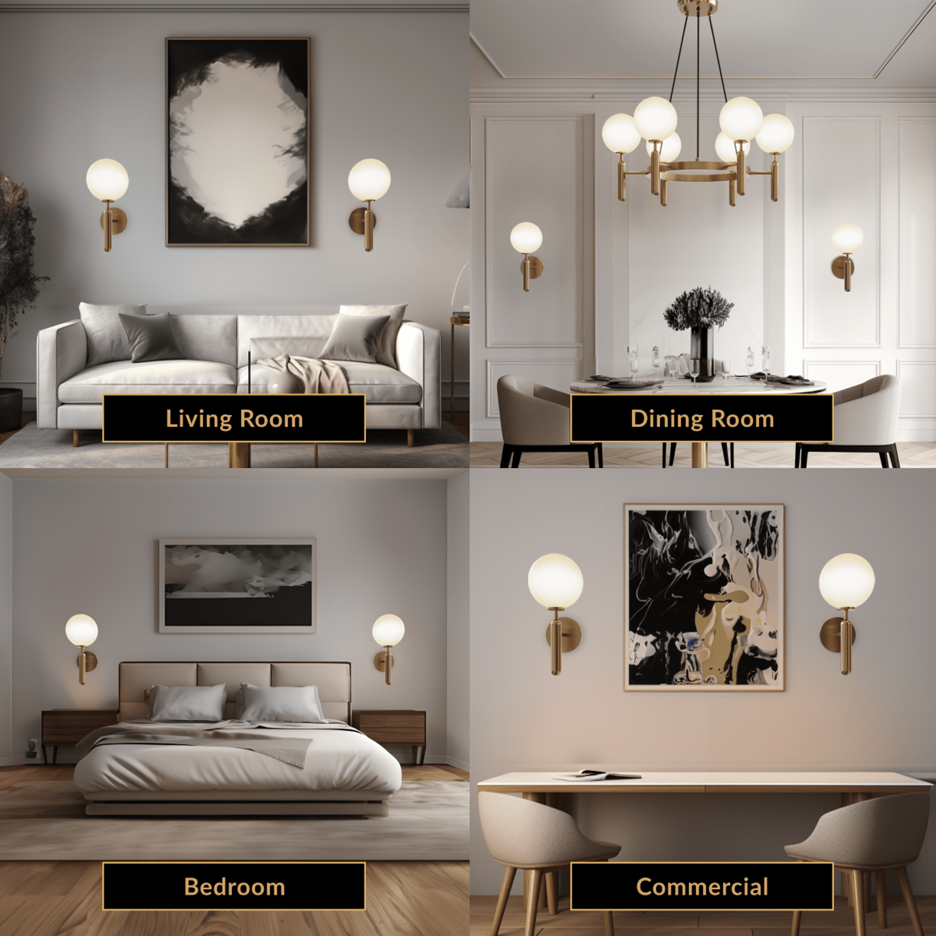 Angelica gold wall sconce, single white opal-glass globe on a brass arm, shown in four room settings