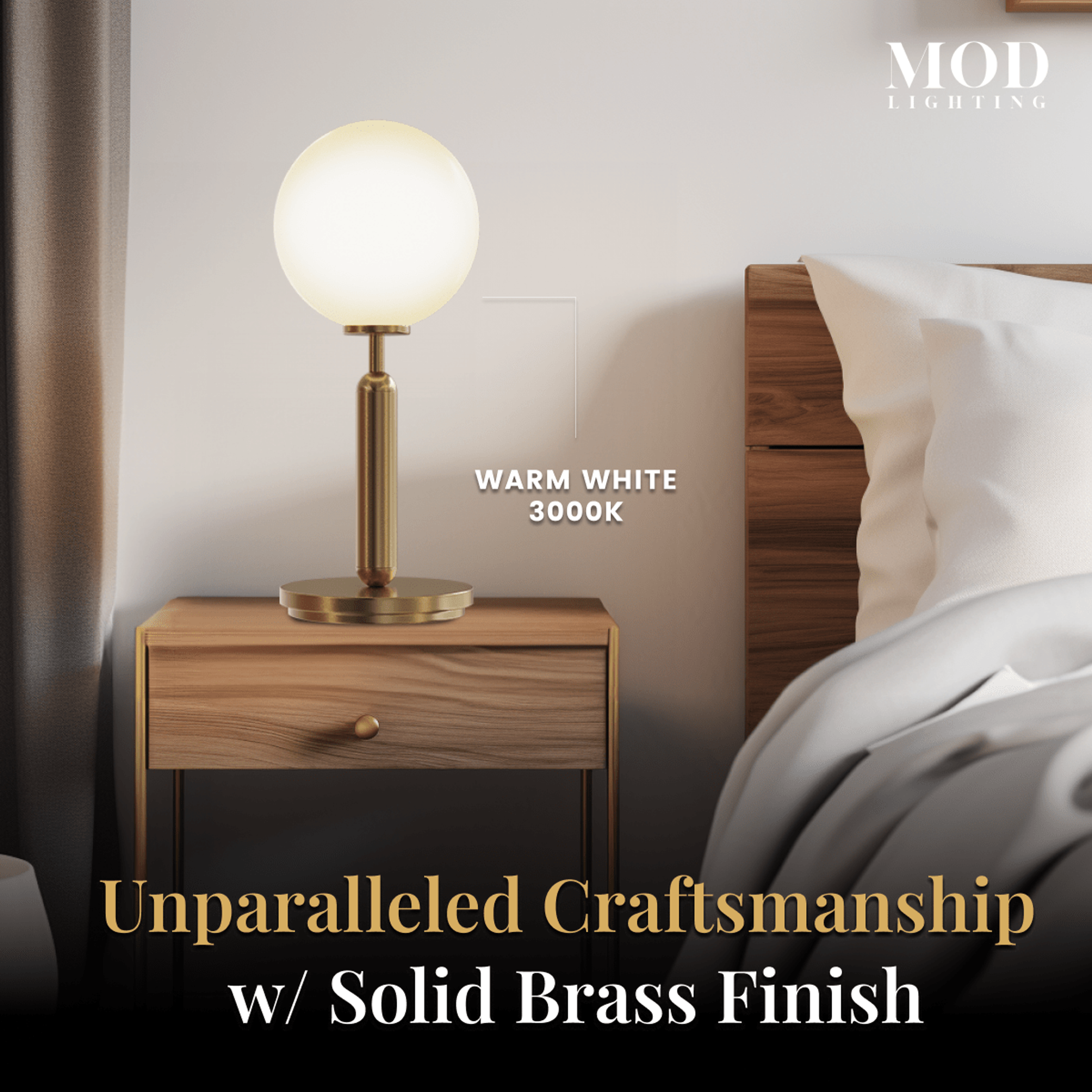 Angelica gold table lamp, white opal-glass globe on a brass stem, on a wood nightstand beside a bed