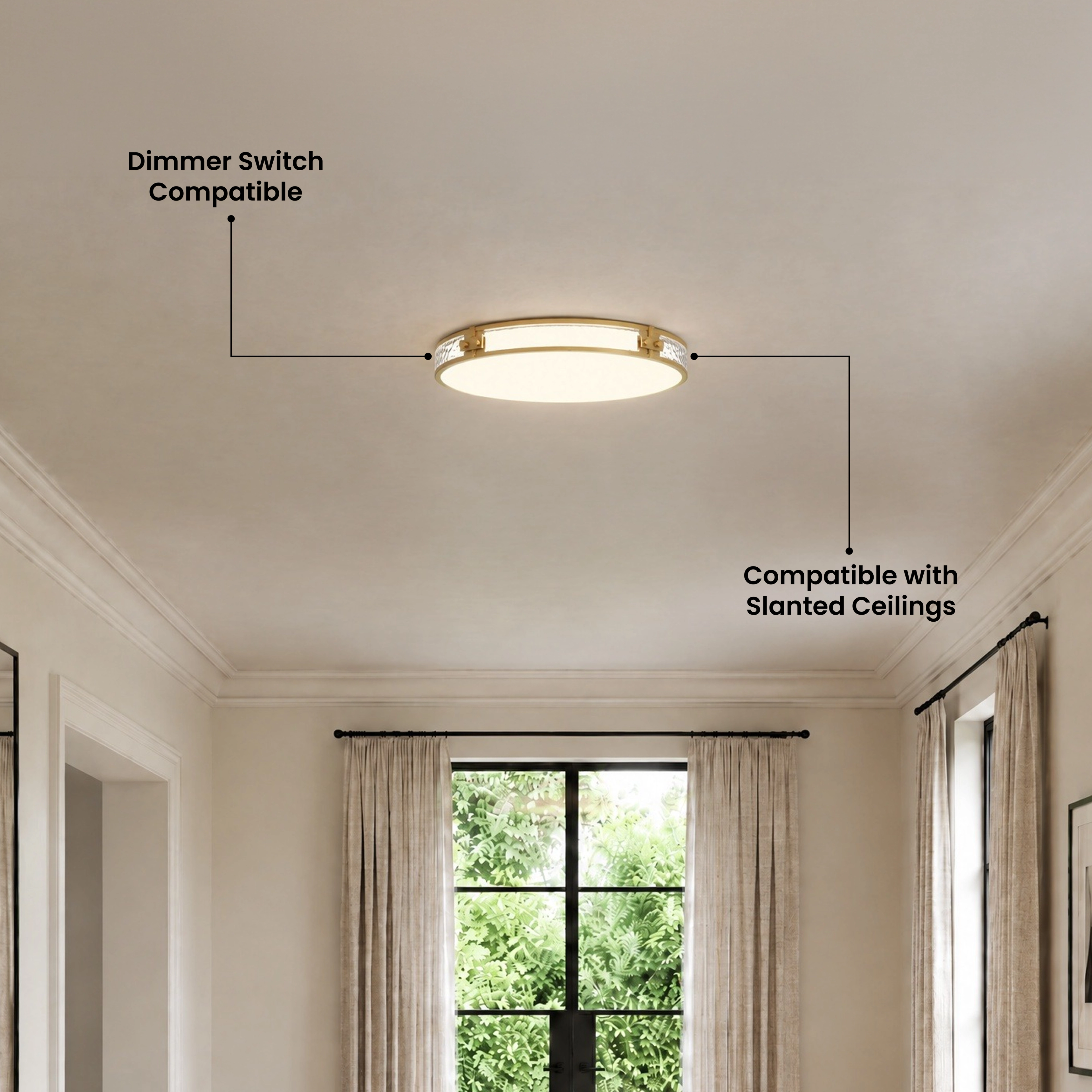 Orielle brushed-gold crystal flush-mount ceiling light above a staircase landing