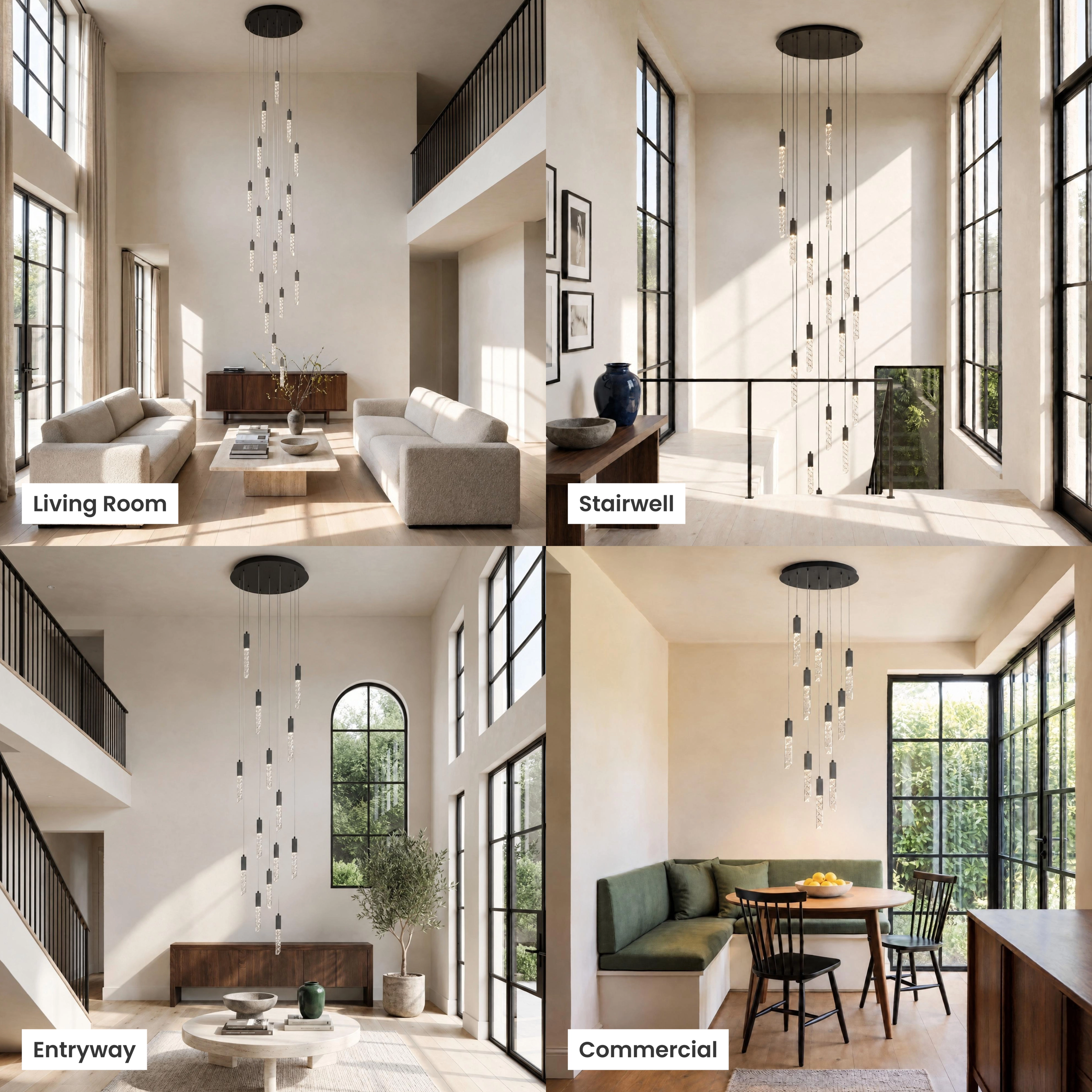 Cosmo cascading spike pendants shown in living room, dining room, foyer and commercial settings