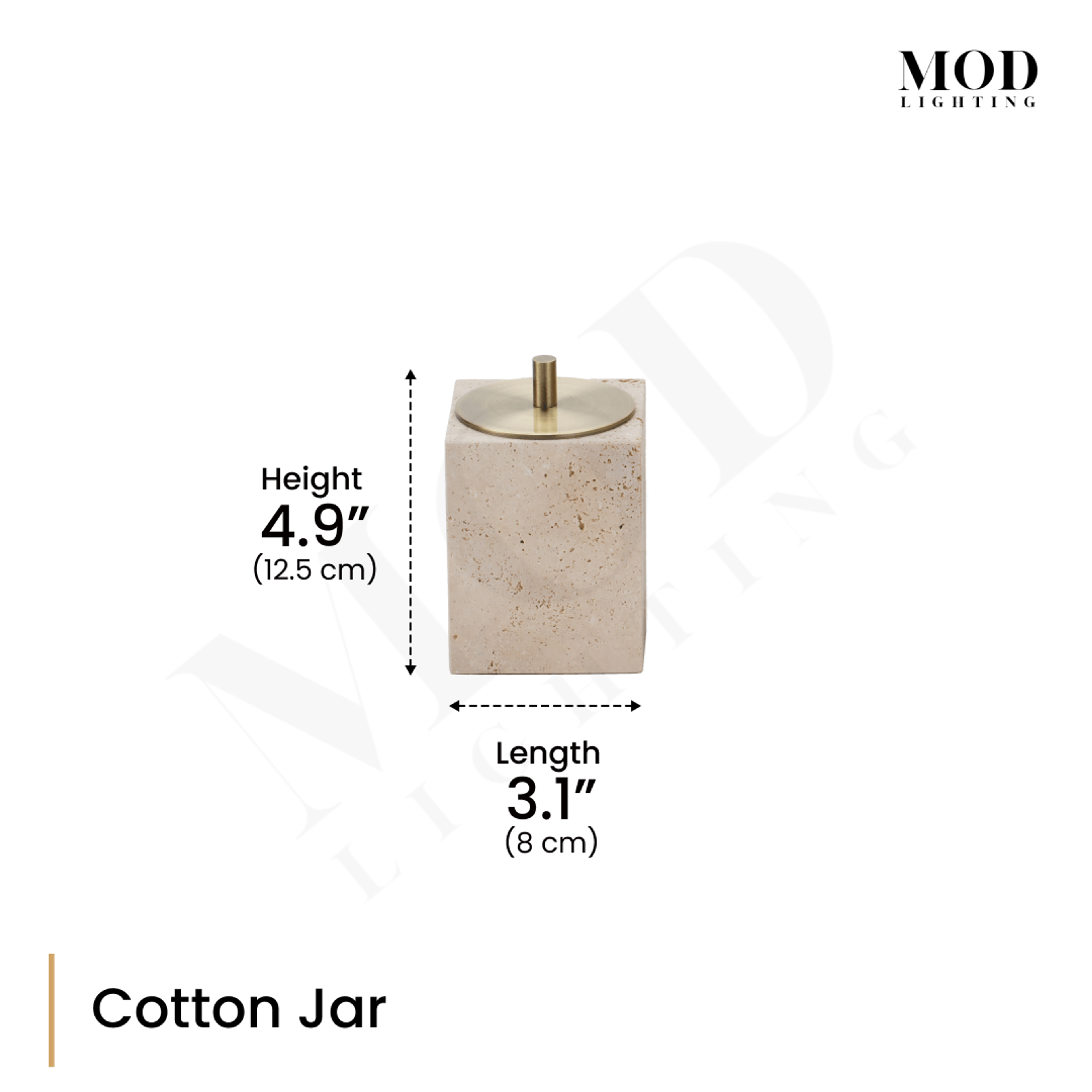 Golden Travertine cotton jar with brass-knob lid, dimension diagram: 4.9" (12.5 cm) height, 3.1" (8 cm) length