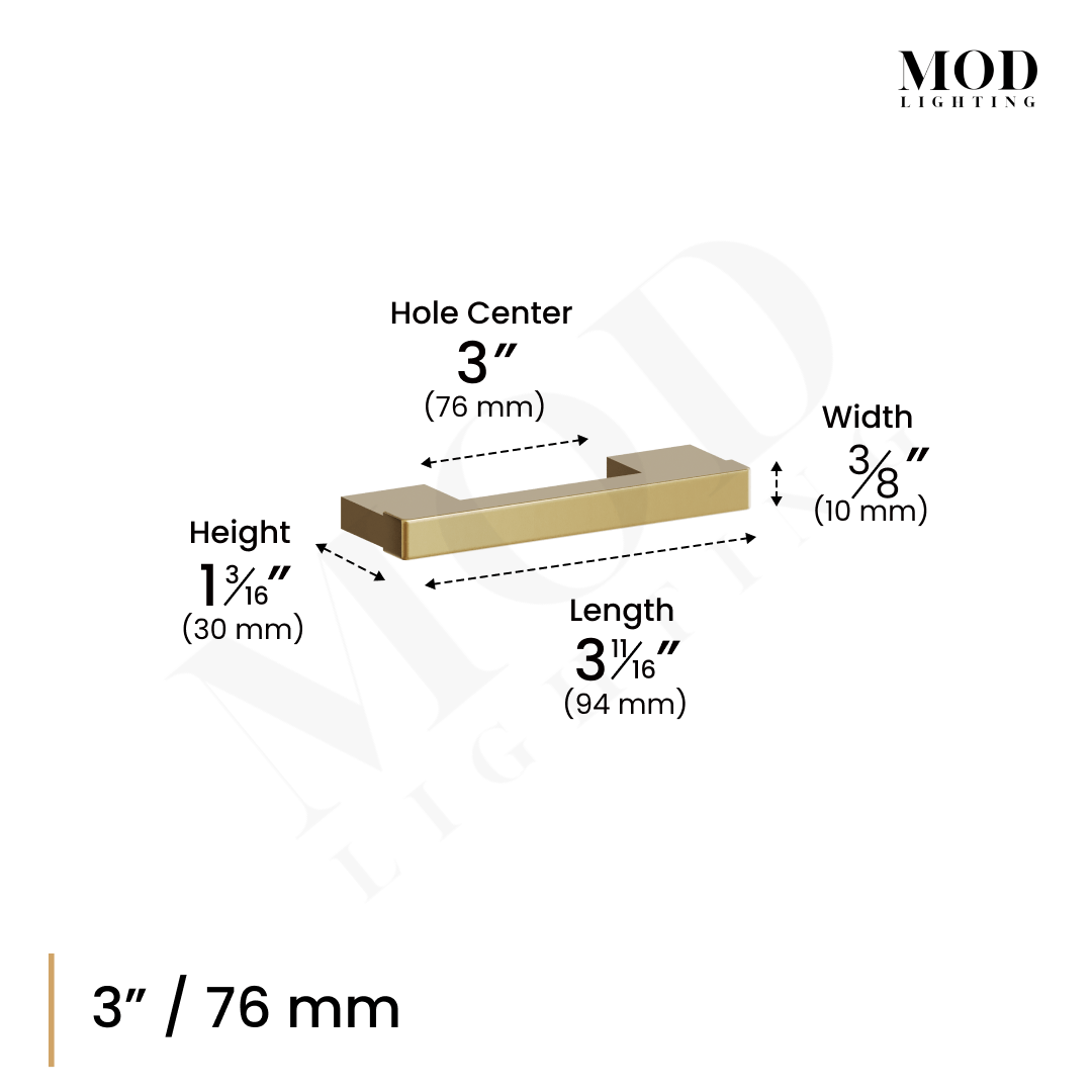 Maddison cabinet pull dimension diagram, 3-inch/76 mm hole center, length 3 11/16 in, width 3/8 in, height 1 3/16 in