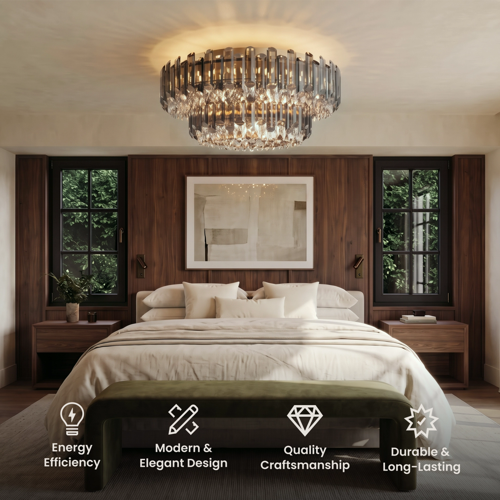 Arina flush-mount ceiling light, round tiered crystal design, in a dark paneled living room