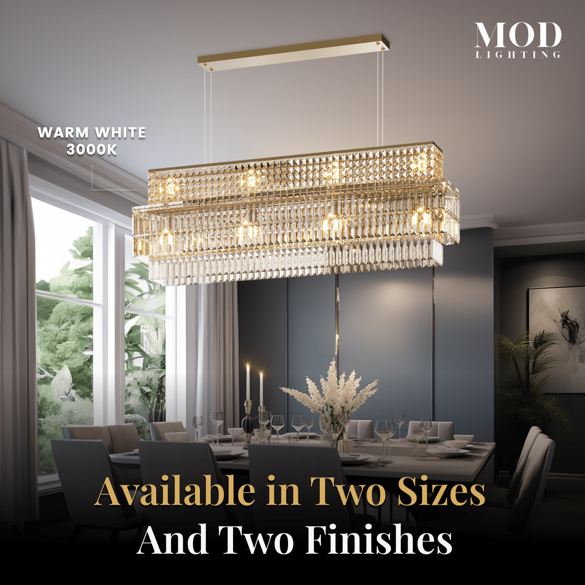 Krystal gold rectangular crystal chandelier over a dining table; available in two sizes and two finishes