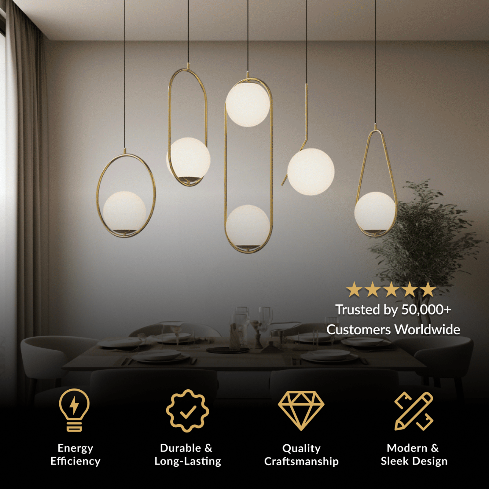 Jewels & Pearls brushed-gold pendants, geometric frames with white opal-glass globes over a dining table