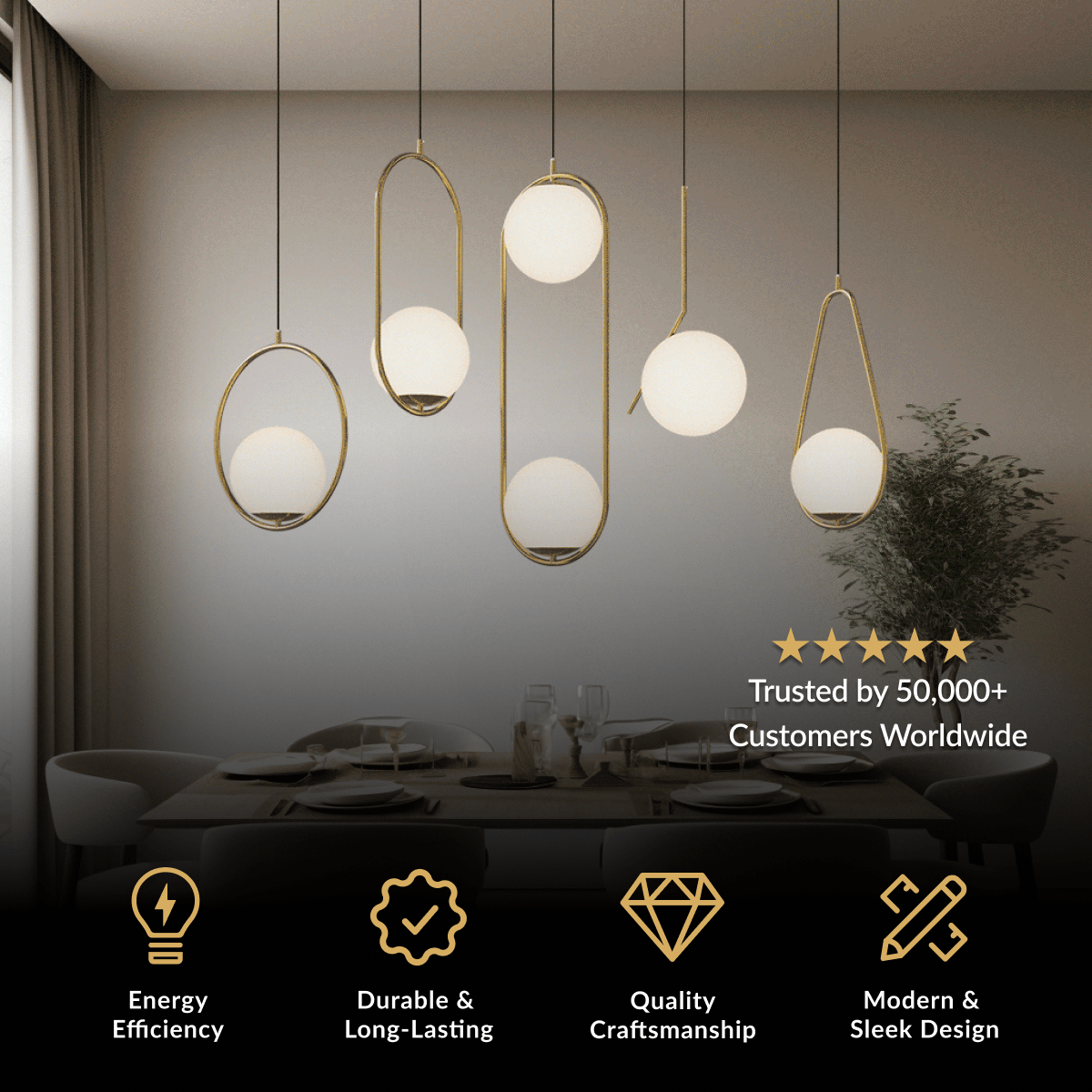 Jewels & Pearls brushed-gold pendants, geometric frames with white opal-glass globes over a dining table