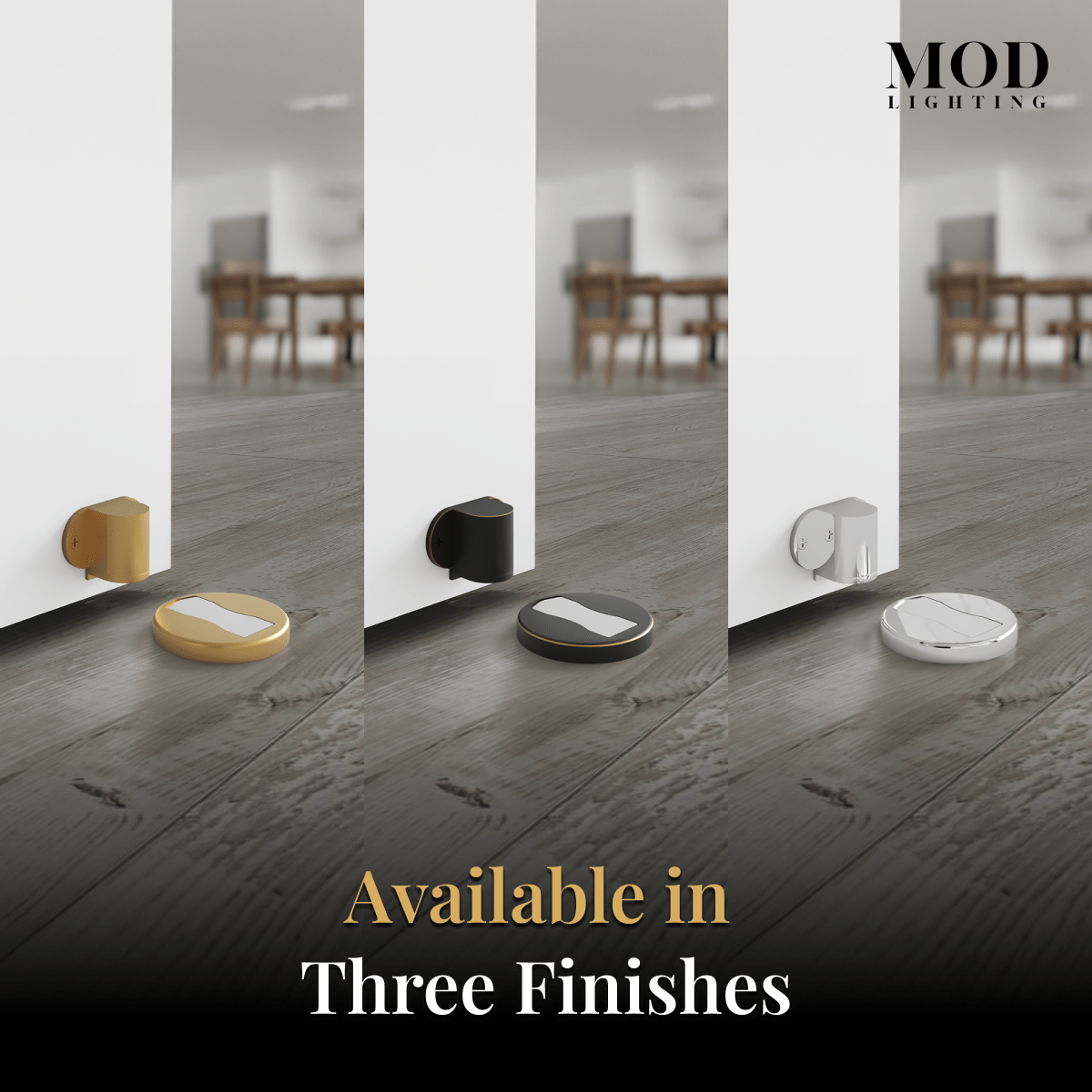 Moro adjustable floor door stop shown in brushed gold, black and chrome finishes