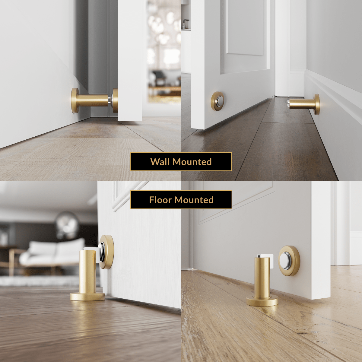 Avi brushed-gold door stop shown wall-mounted and floor-mounted beside doors