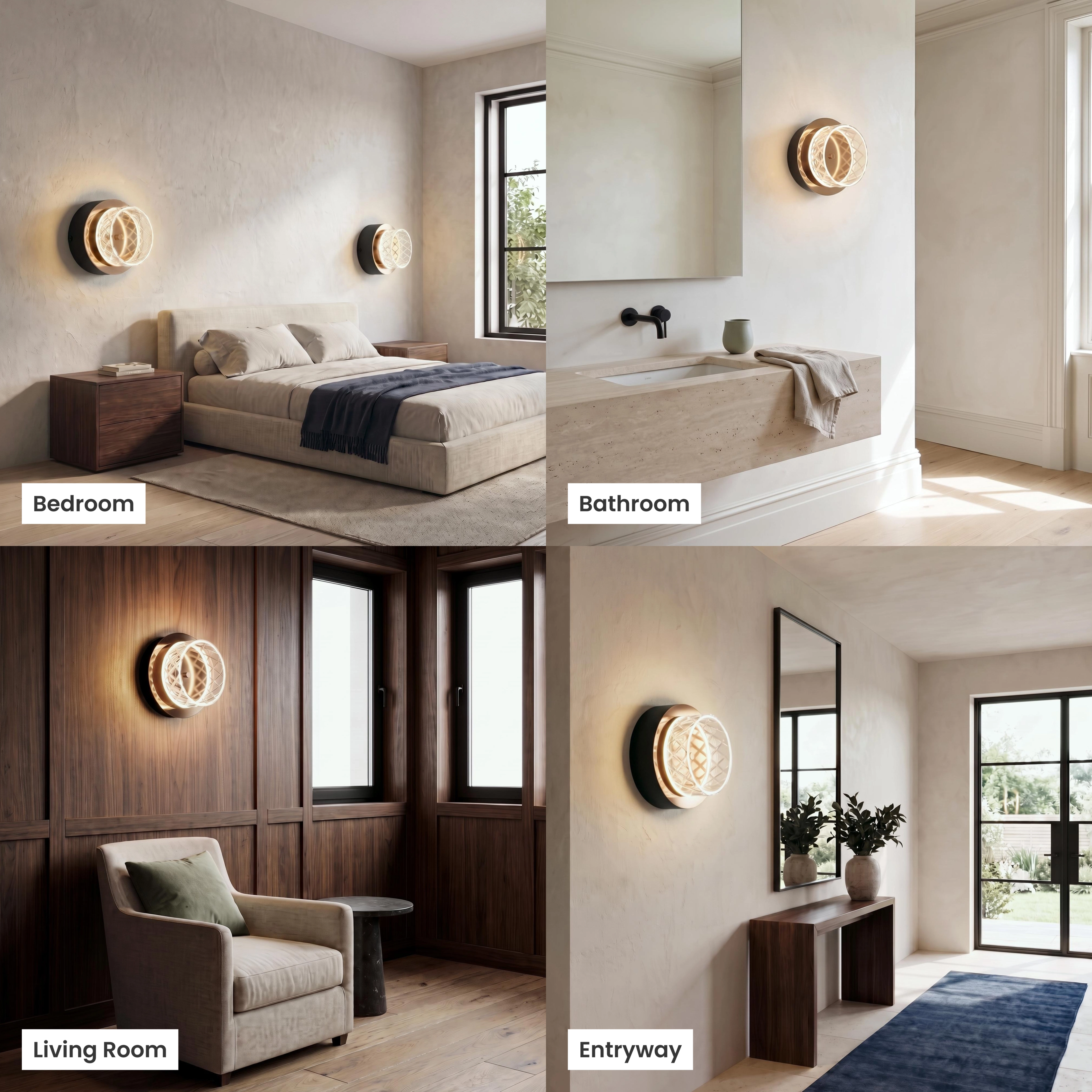 Emma round wall sconce, gold and pearl-black crystal ring, shown lit in living, dining, bedroom and hallway settings