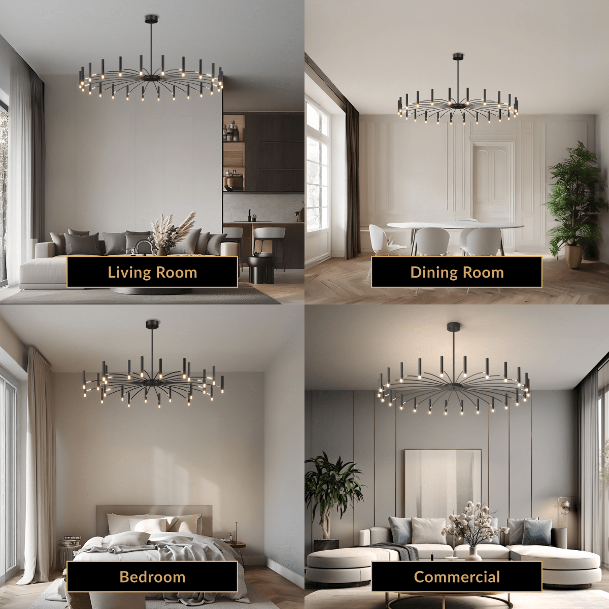 Kendall candle-style chandelier, wide black ring with upright candle lights over a living and dining space