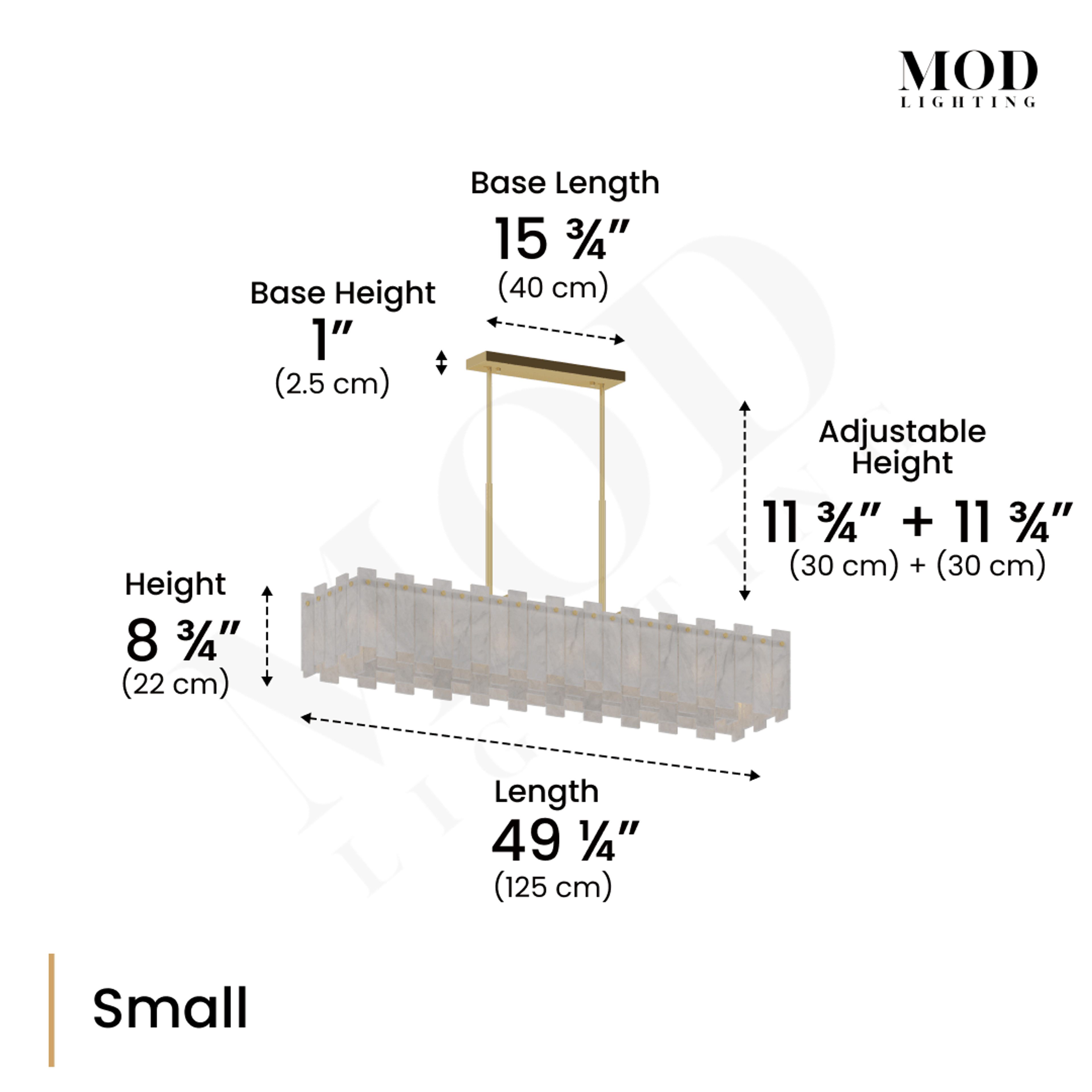 Velina Pendant dimension diagram, Small: 49 1/4in length, 8 3/4in tall, 15 3/4in base, dual 11 3/4in drops