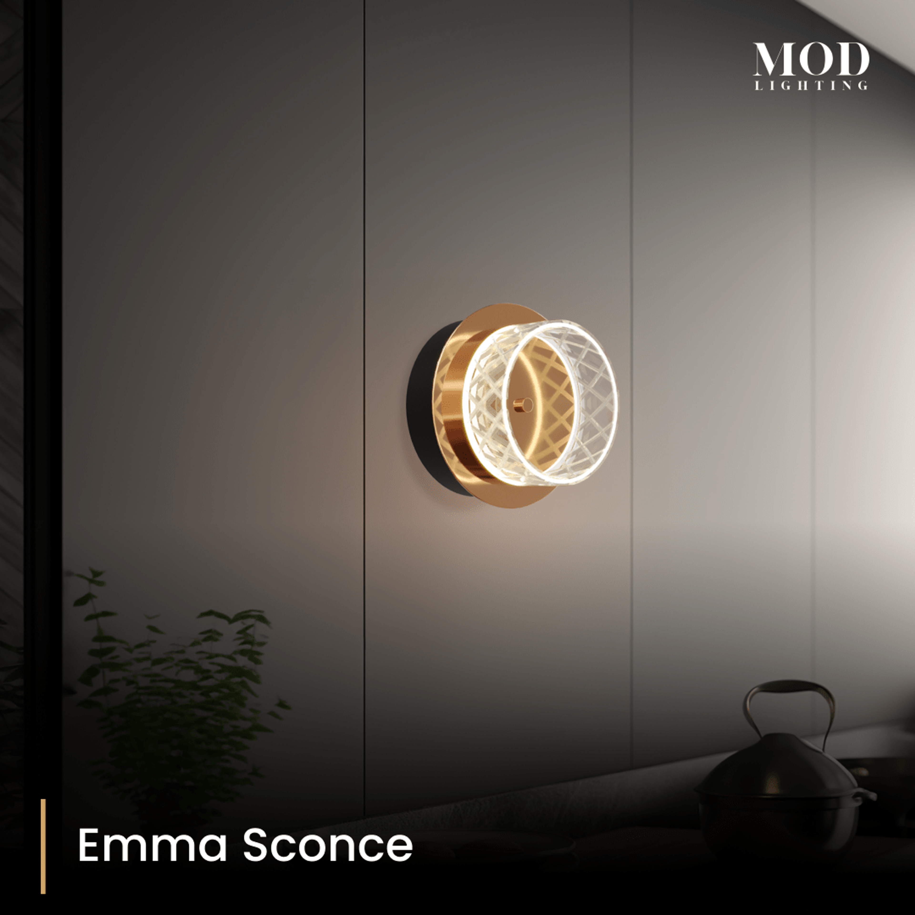 Emma round wall sconce, gold and pearl-black crystal ring, lit against a paneled wall
