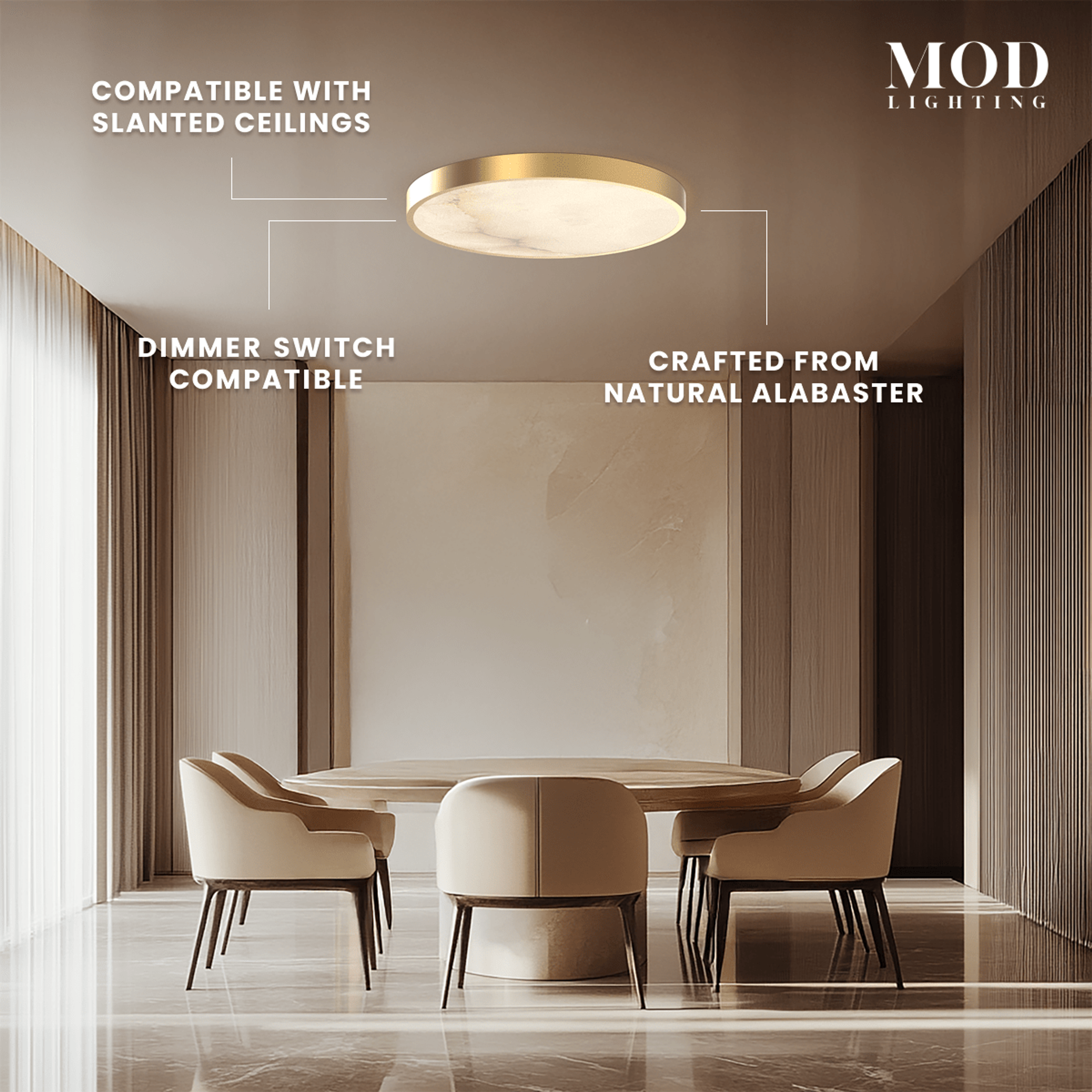 Celia gold round alabaster flush-mount ceiling light on a high ceiling above a dining table