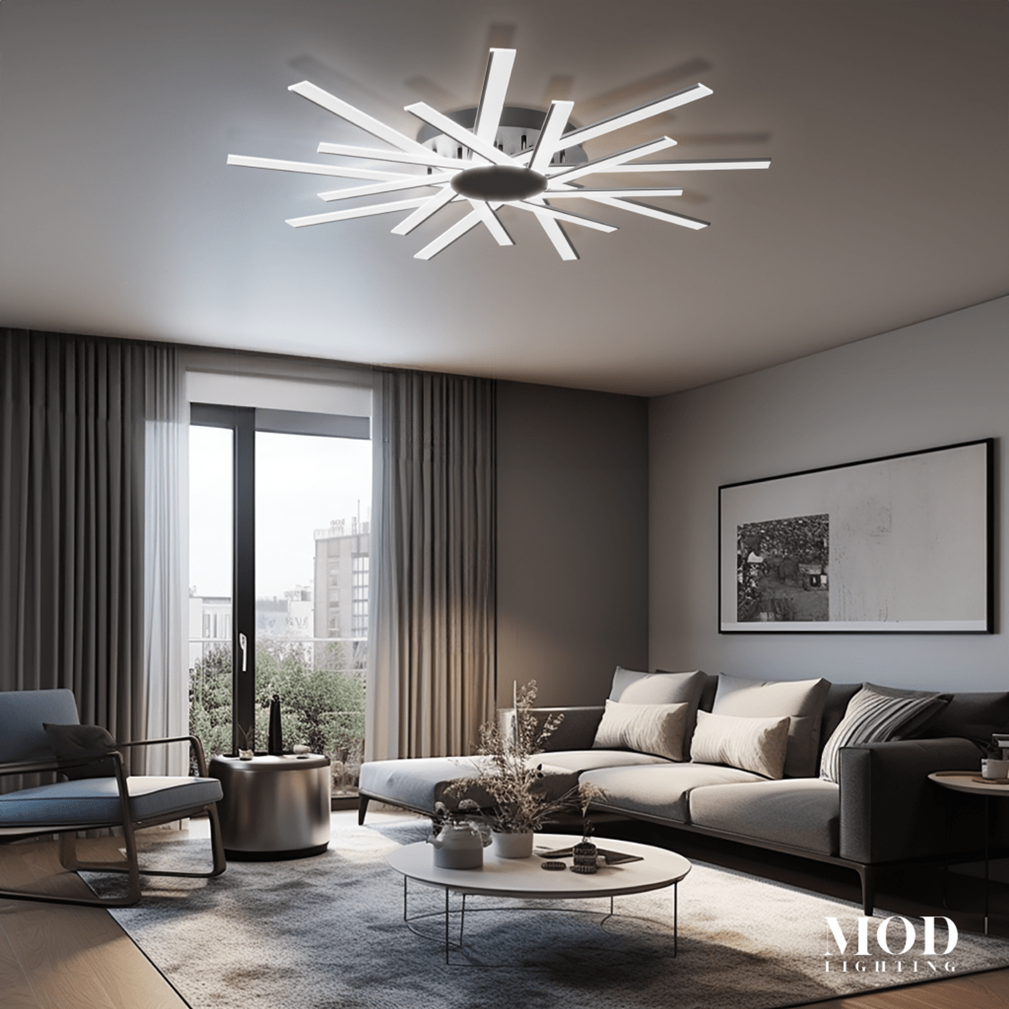 Sparkle ceiling light, white LED bars radiating in a starburst from a chrome hub, in a living room