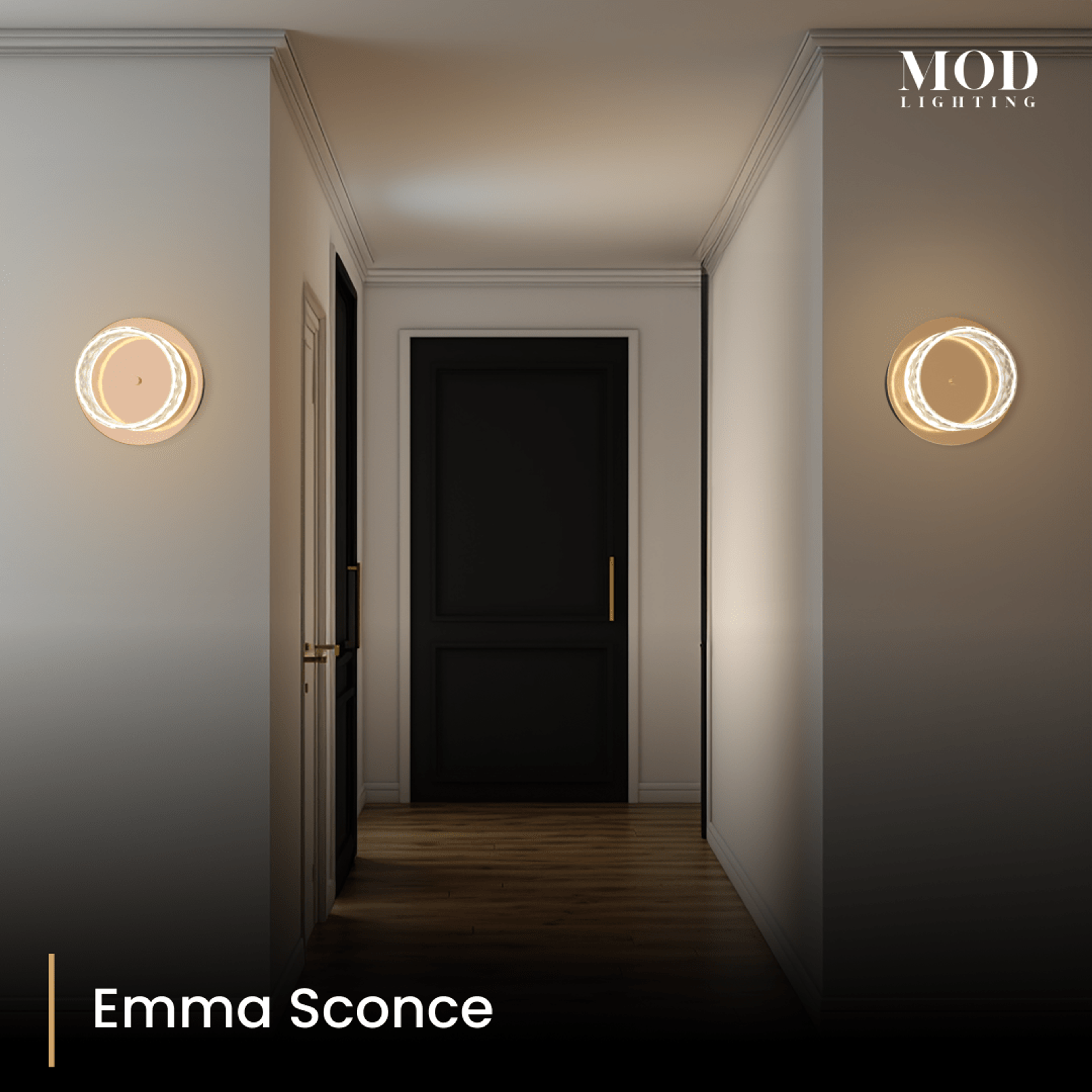 Emma round crystal-ring sconces mounted on facing hallway walls, lit warm white