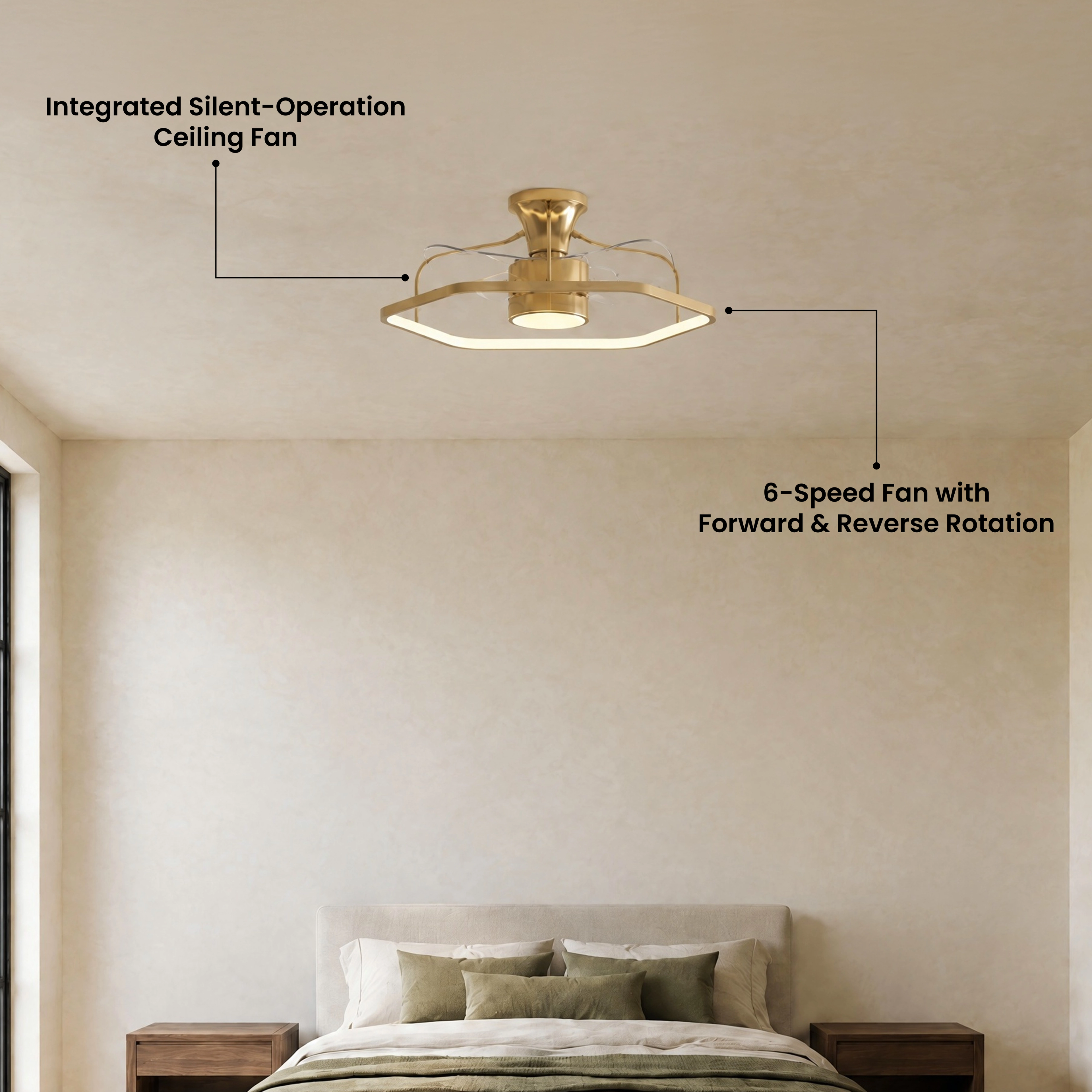 Virelle gold caged ceiling fan light mounted in a bright living room
