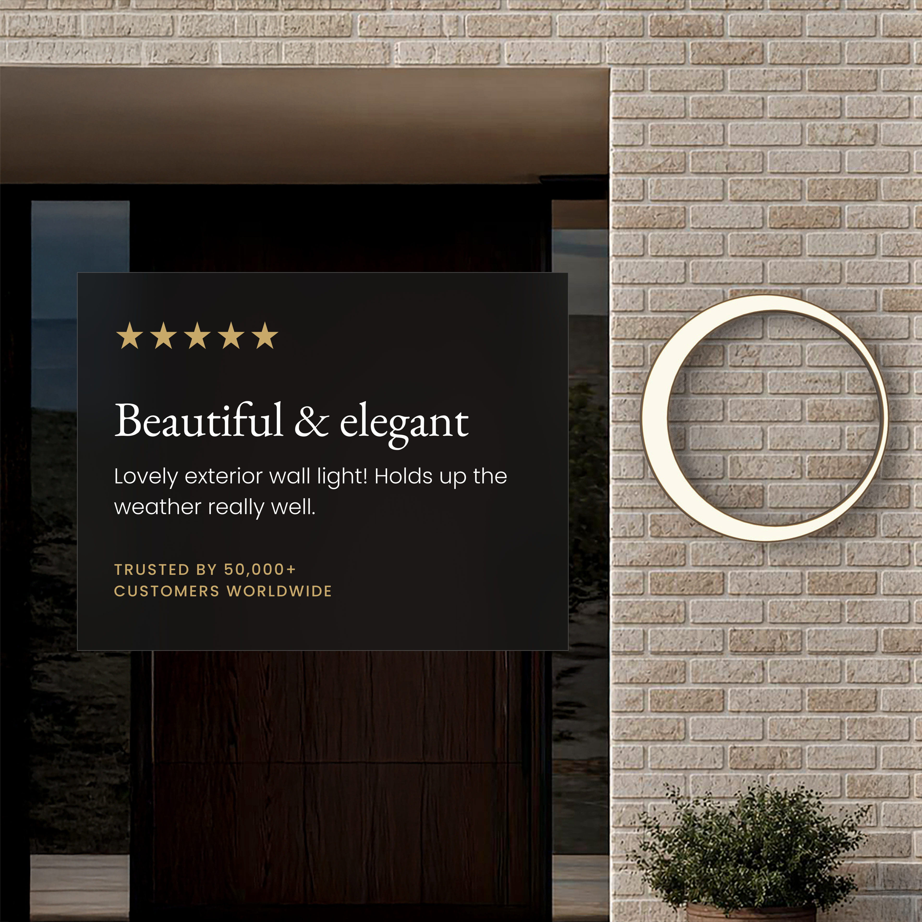 Gleam Smart round LED wall light on brick beside a five-star customer review