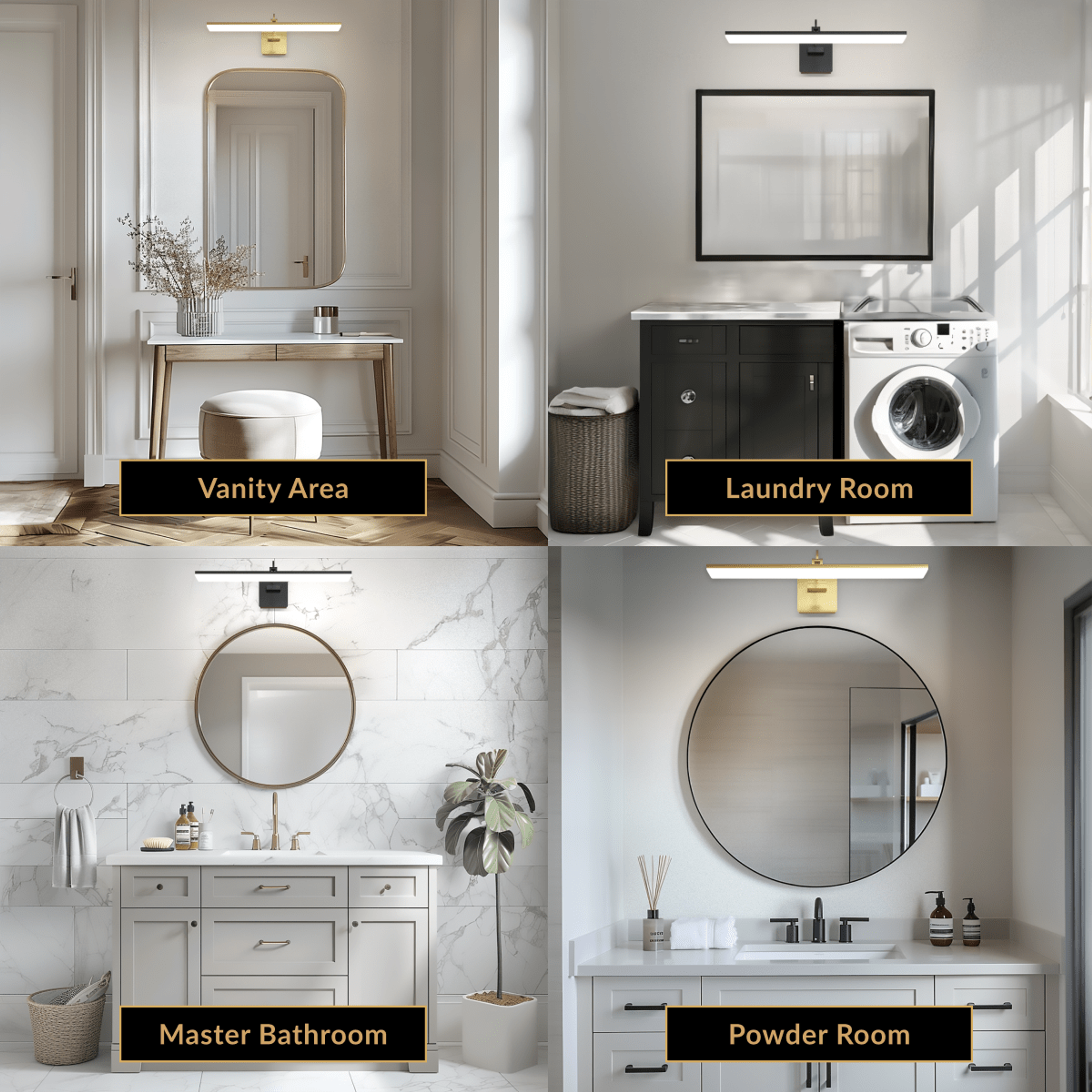 Zena LED vanity light shown in four rooms: vanity area, laundry room, master bathroom and powder room
