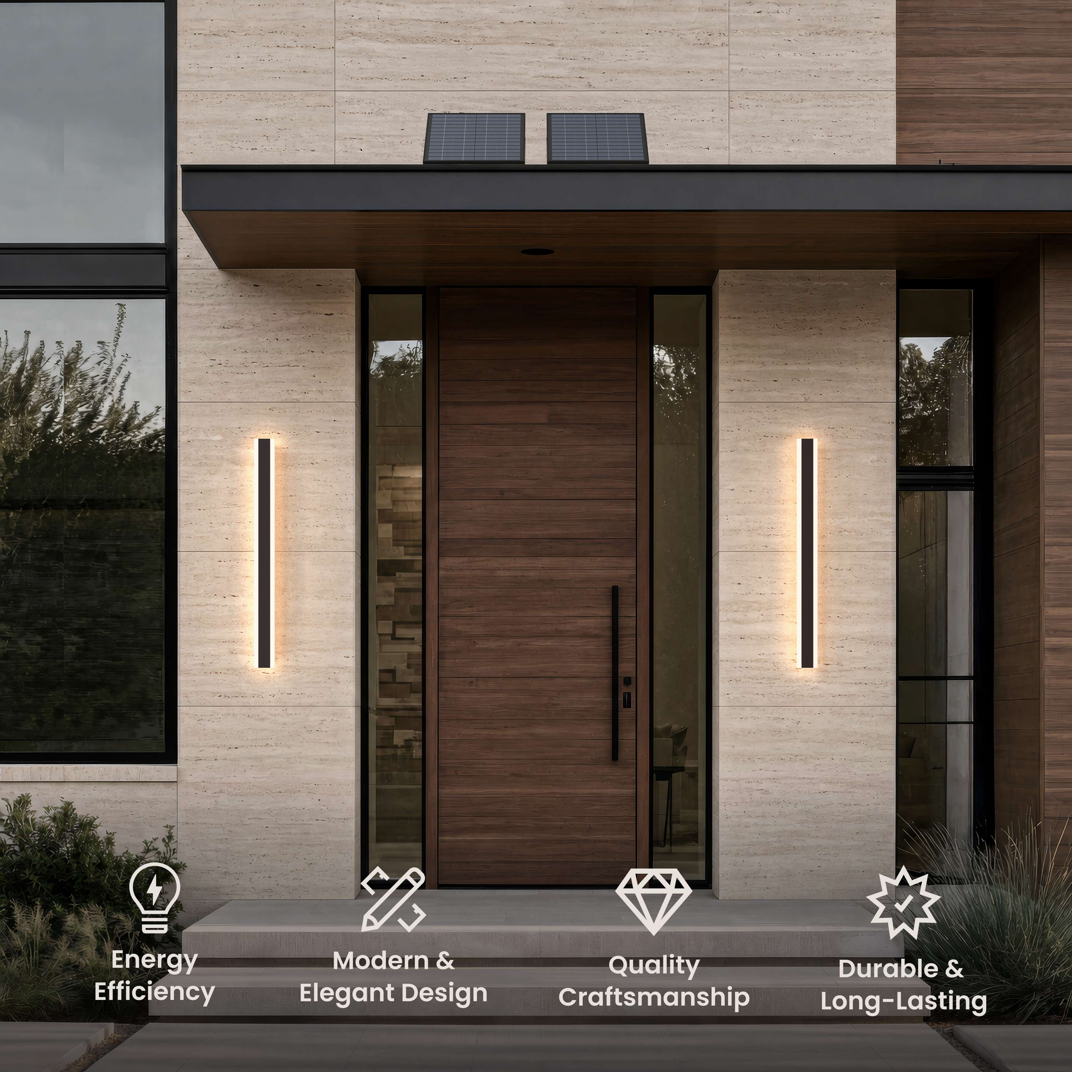 Haylen black LED bar wall lights flanking a wood front door, with roof-mounted solar panels above