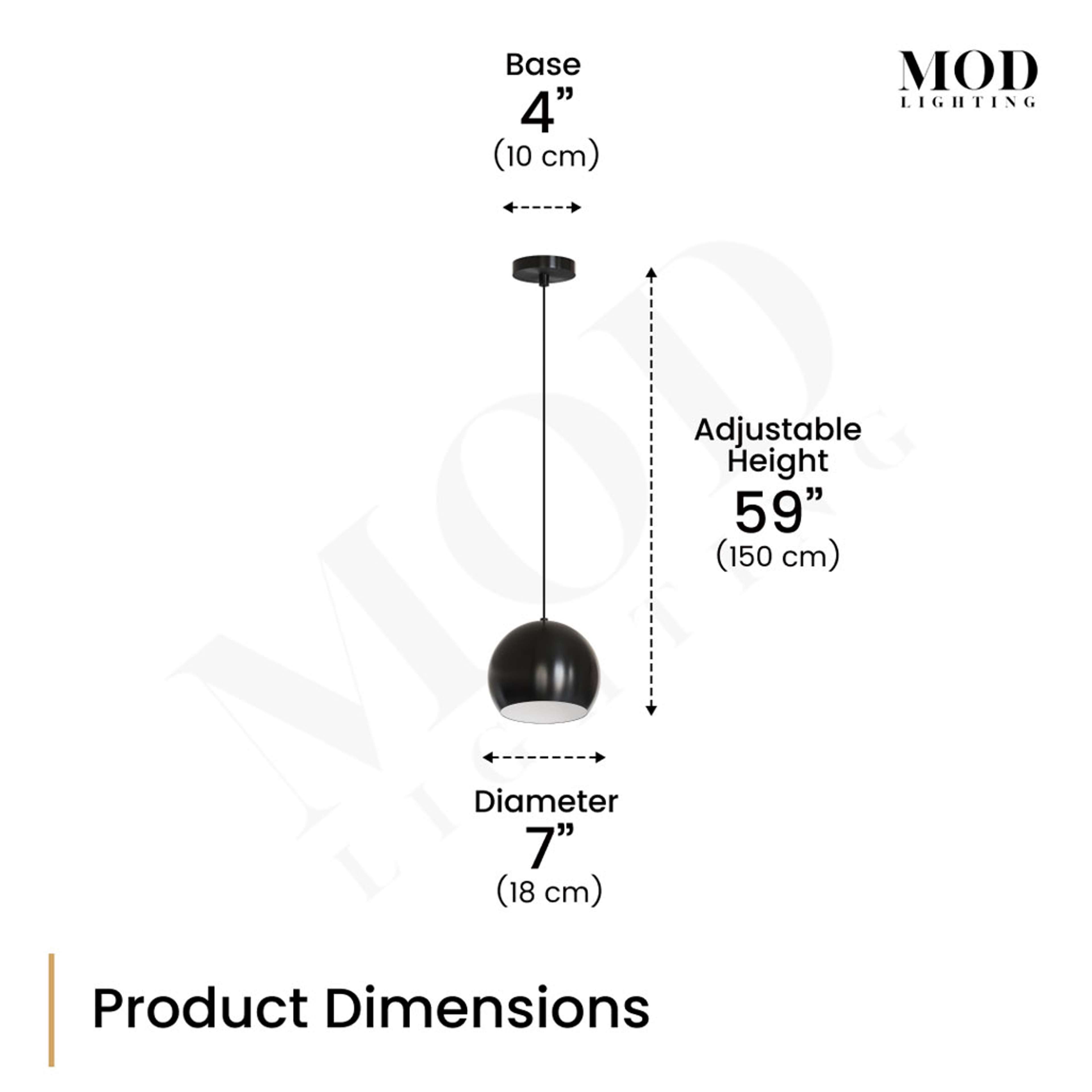 Avery matte-black globe pendant on slim cord, dimension diagram showing 7" diameter and 59" adjustable height