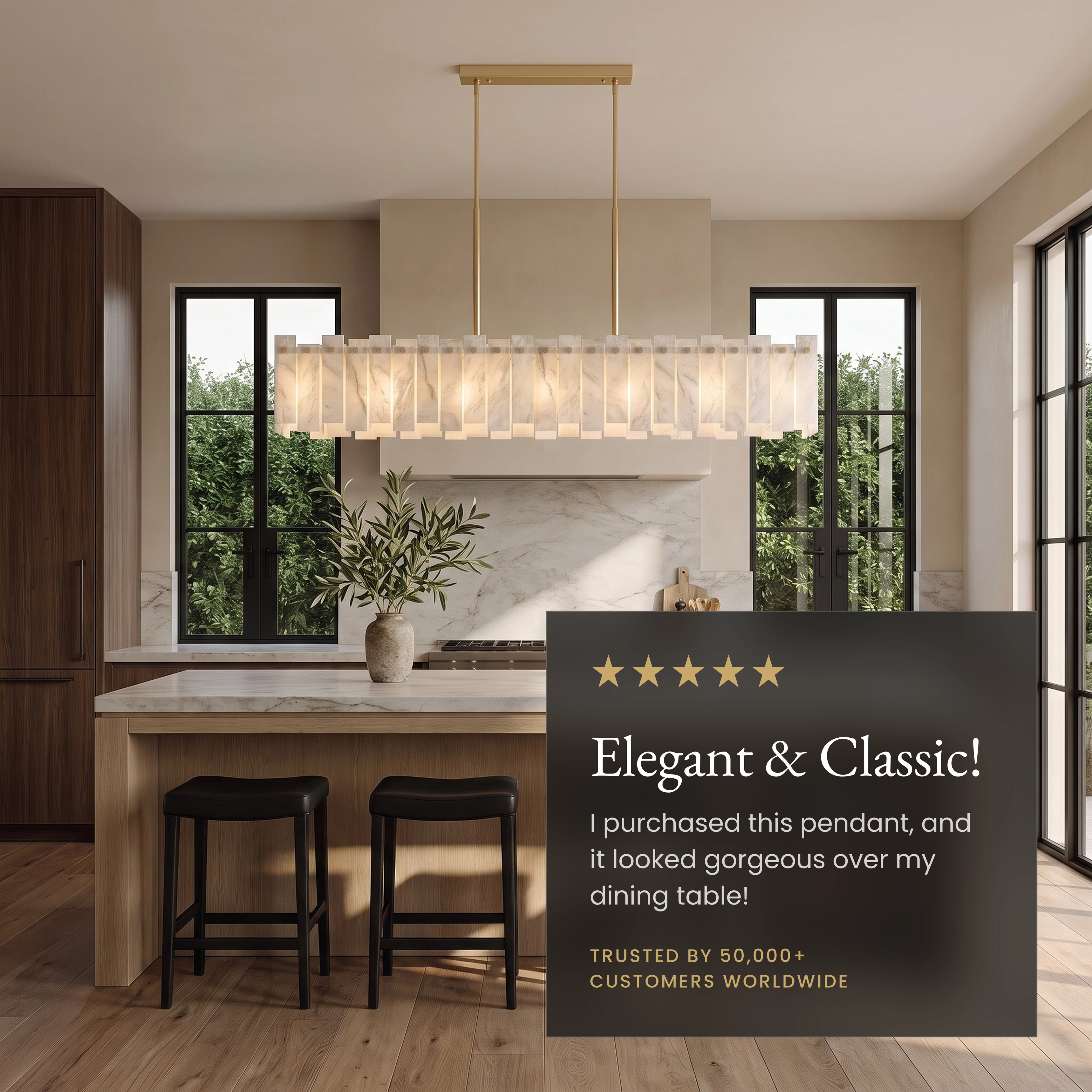Velina Pendant gold linear alabaster fixture with panelled shade over a dining table on a stone wall