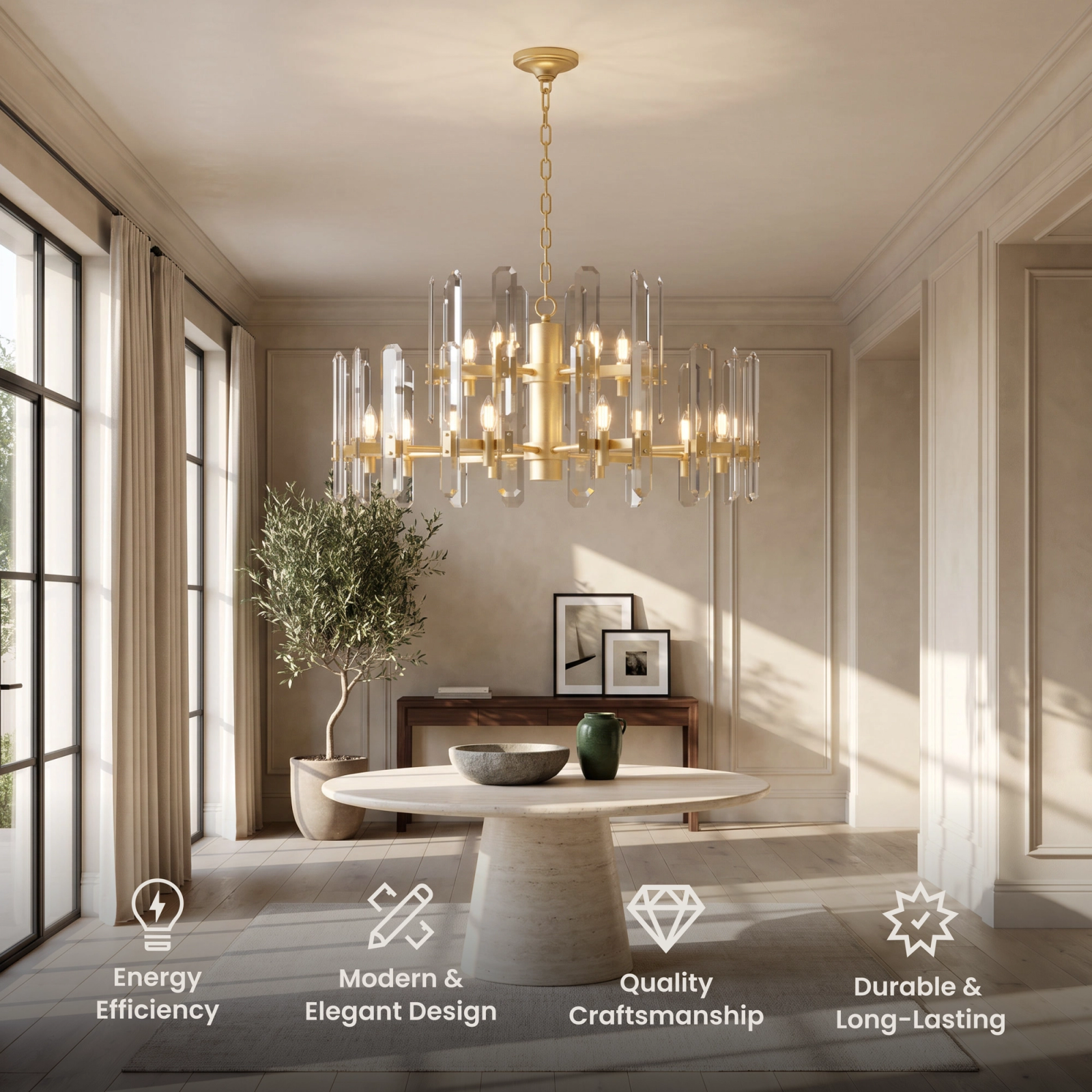 Prism crystal chandelier, brass drum frame set with faceted crystal bars, over a living room