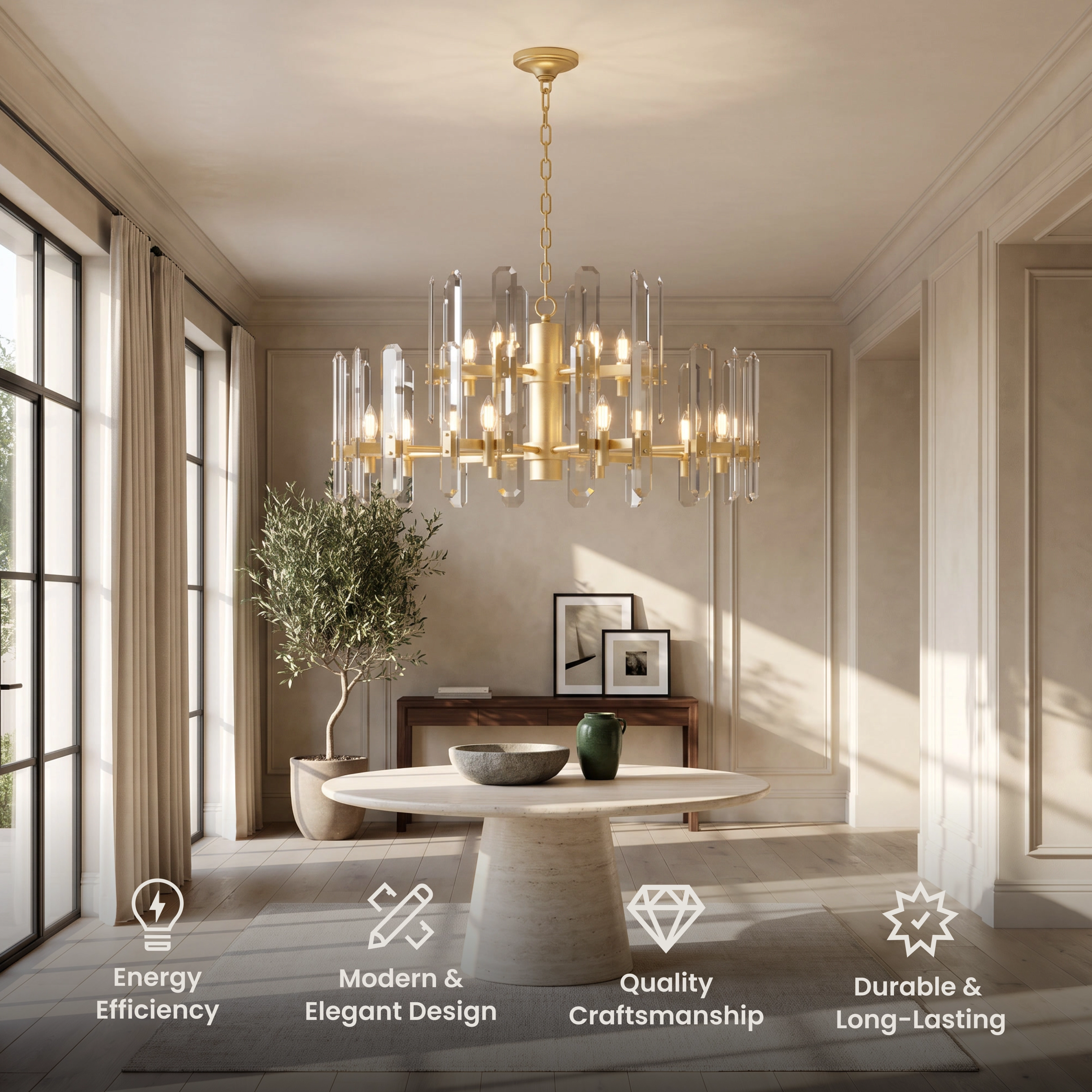 Prism crystal chandelier, brass drum frame set with faceted crystal bars, over a living room