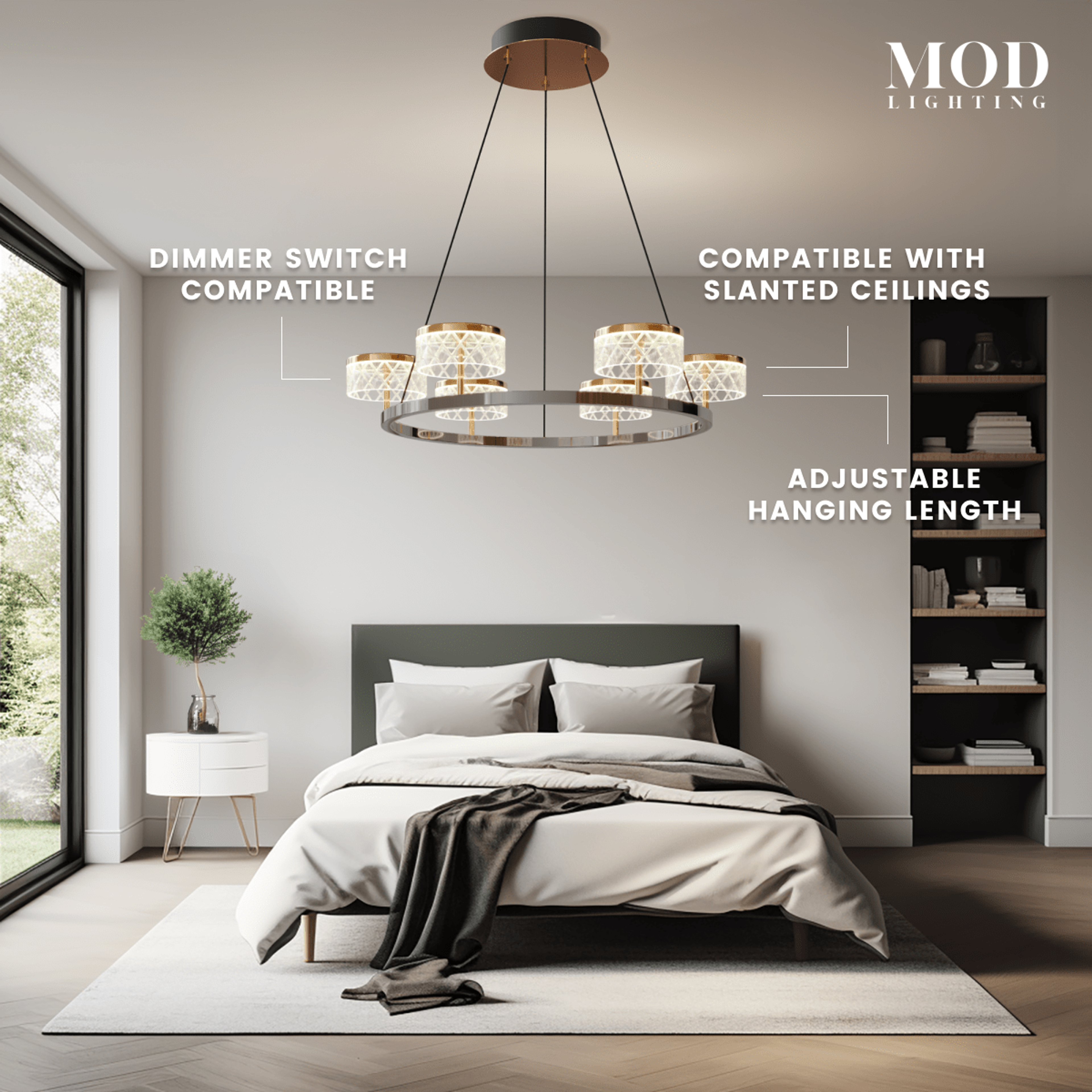 Emma chandelier over a bed, callouts noting dimmer-compatible, slanted-ceiling ready and adjustable hanging length