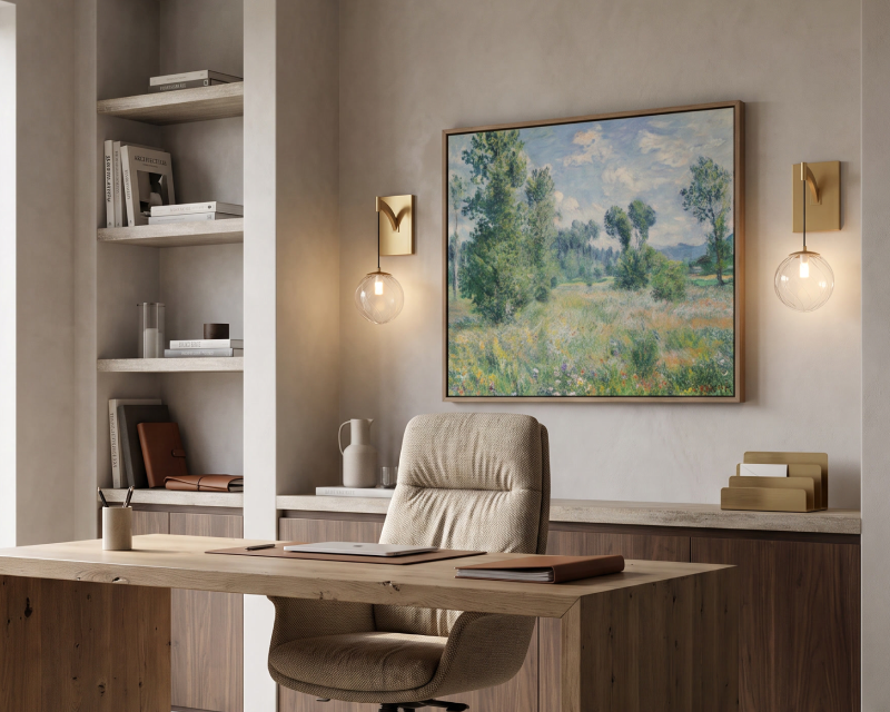 A pair of Solara sconces behind an office desk
