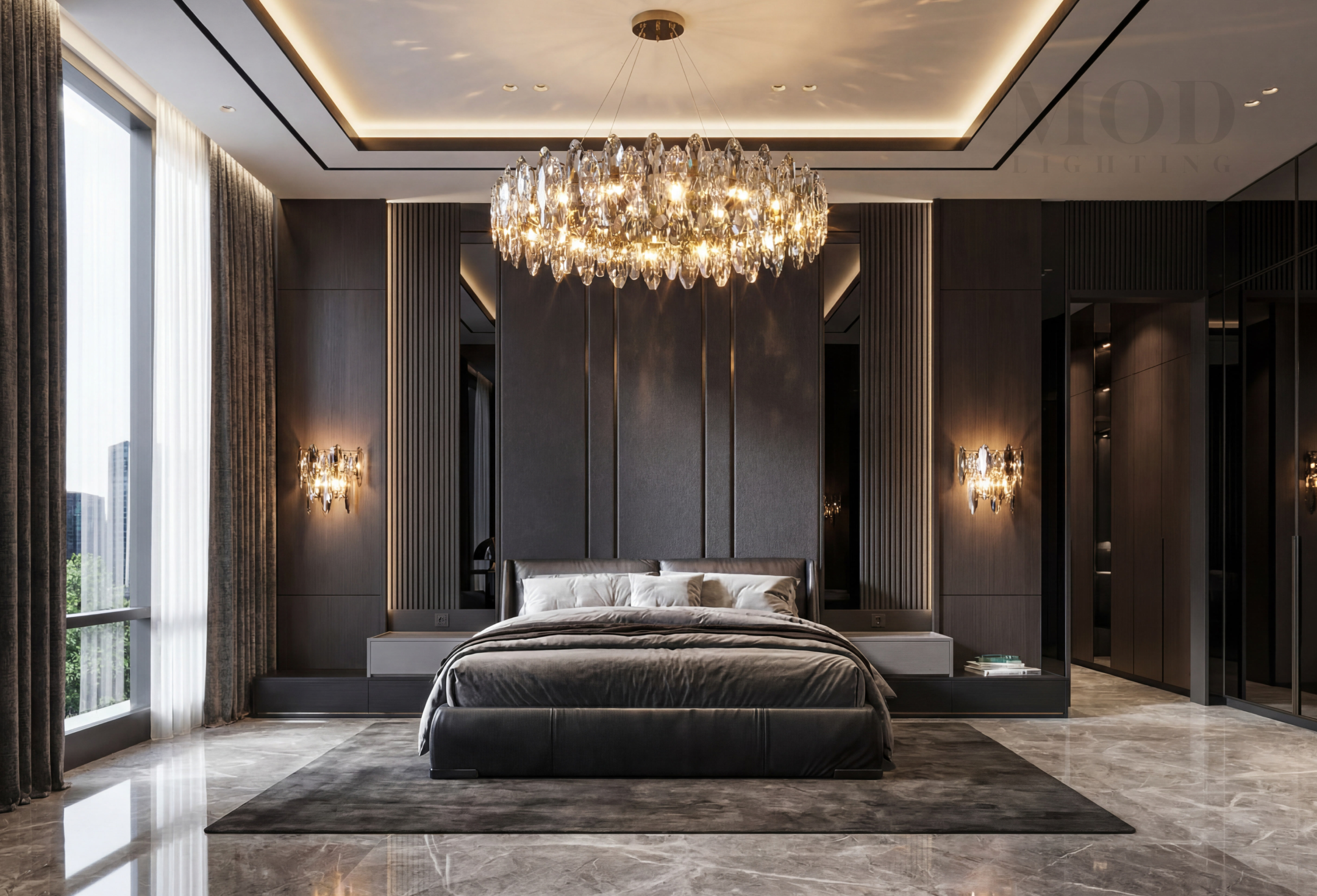  A fully styled modern bedroom with layered lighting
