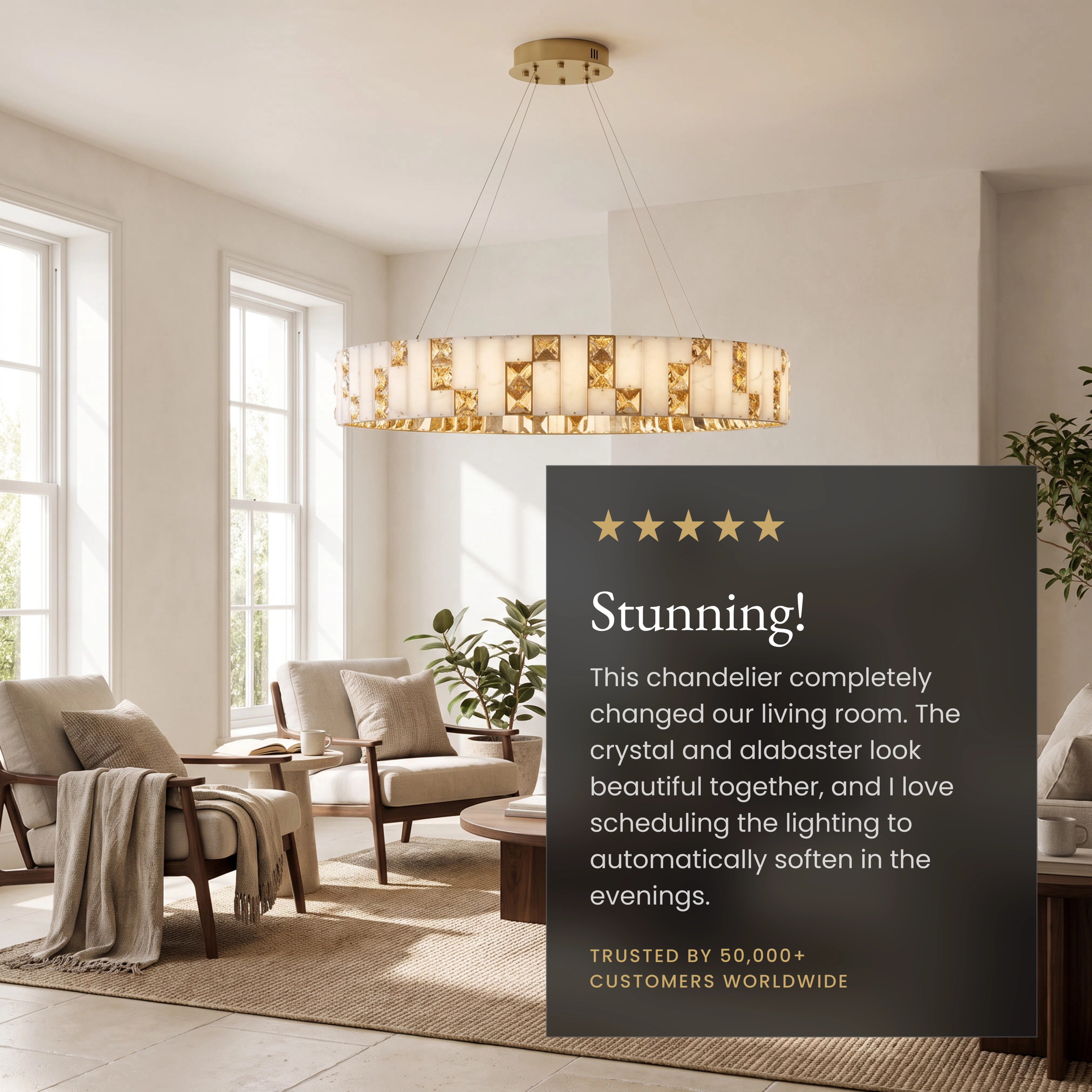 Seraphine Smart ring chandelier in a living room beside a five-star customer review