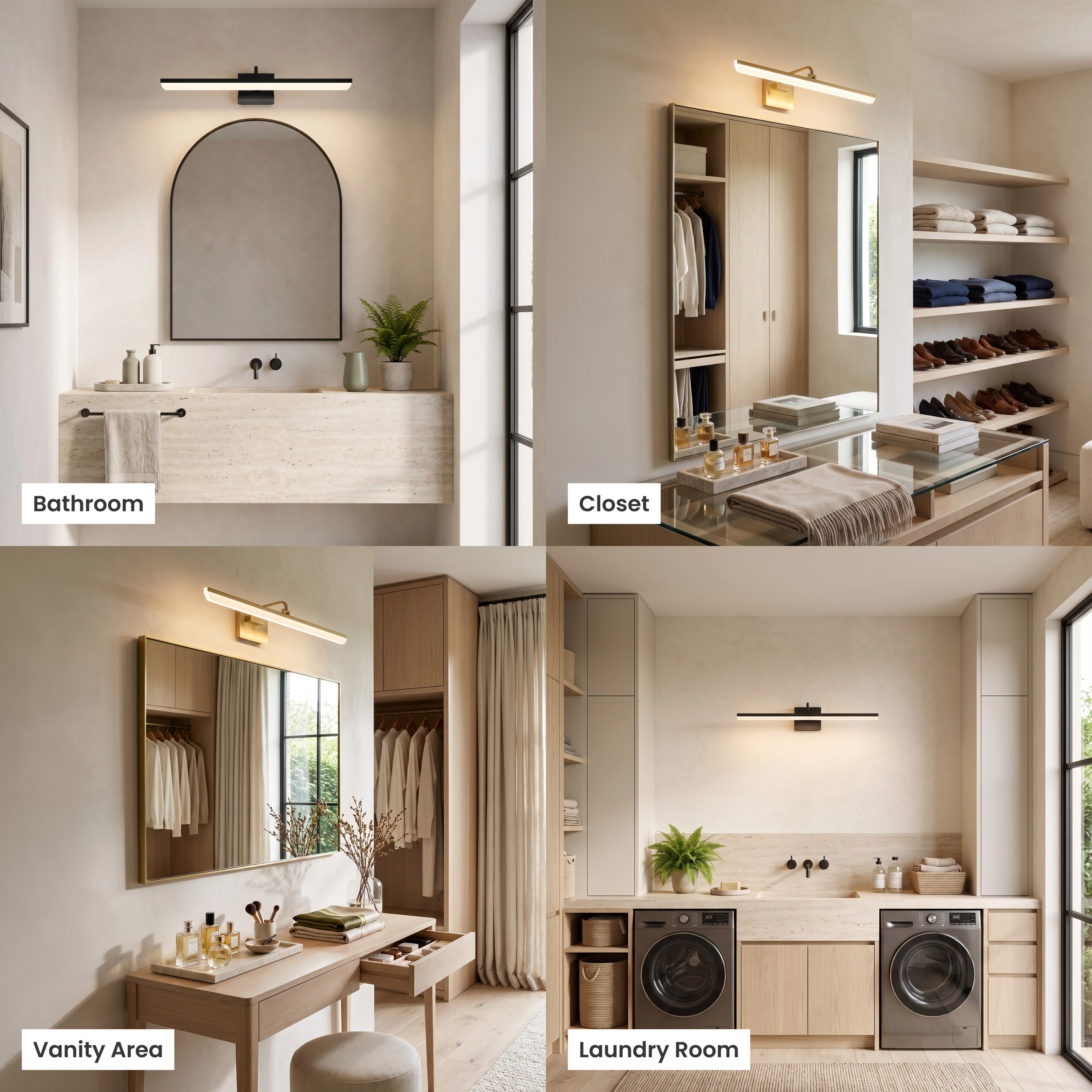 Zena slim horizontal bathroom bar light in brushed gold and matte black, shown in four bathroom and laundry settings