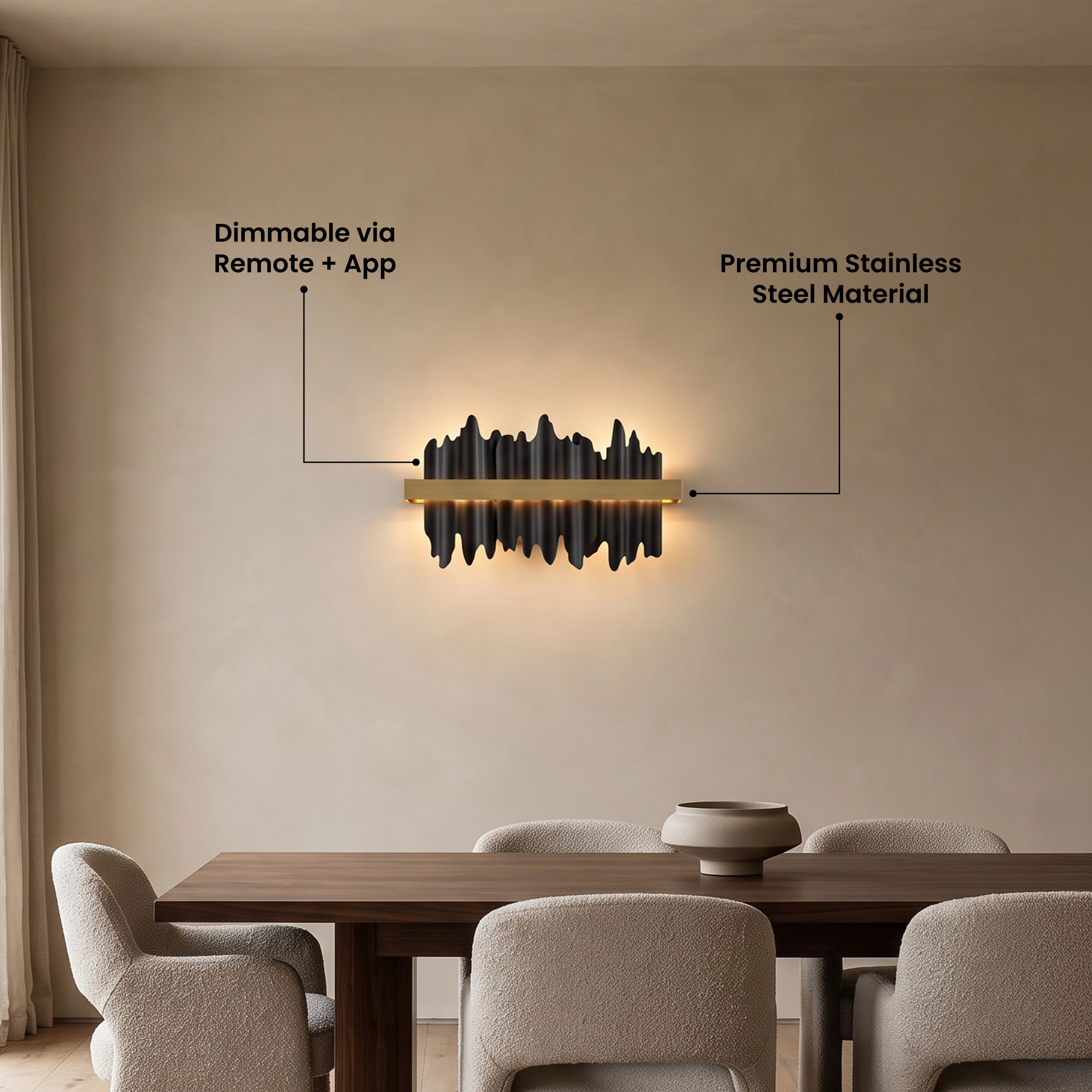 Aurelius Sconce Smart with callouts for premium stainless steel and dimming by remote and app