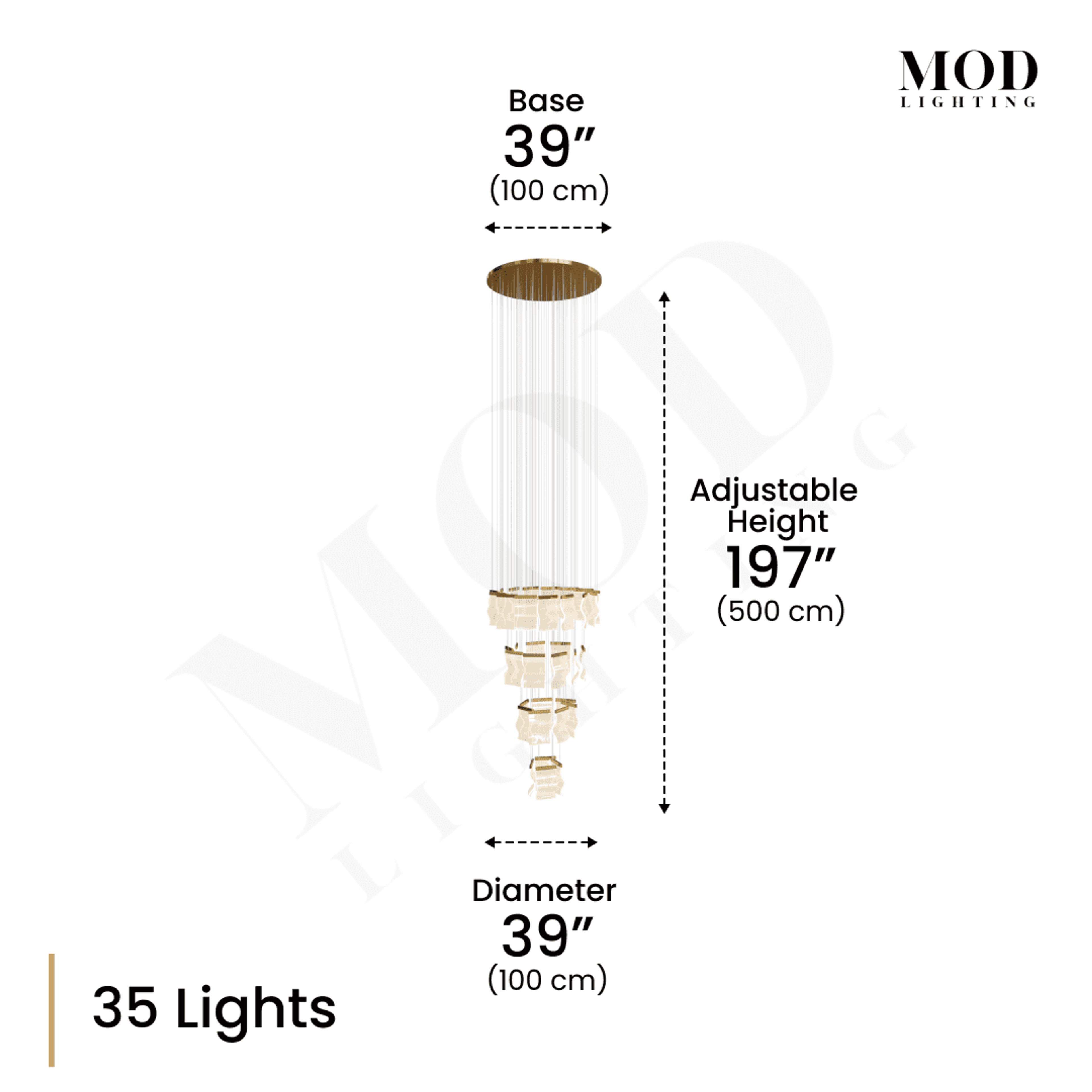 Helia 35-light spiral chandelier dimension diagram: 39in base and diameter, 197in adjustable height