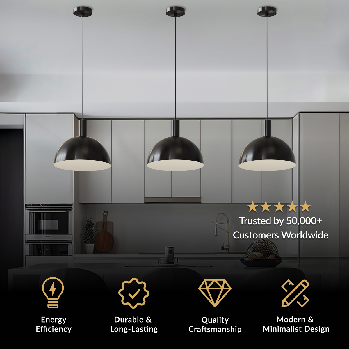 Kinsley, row of three black dome pendants over a kitchen counter