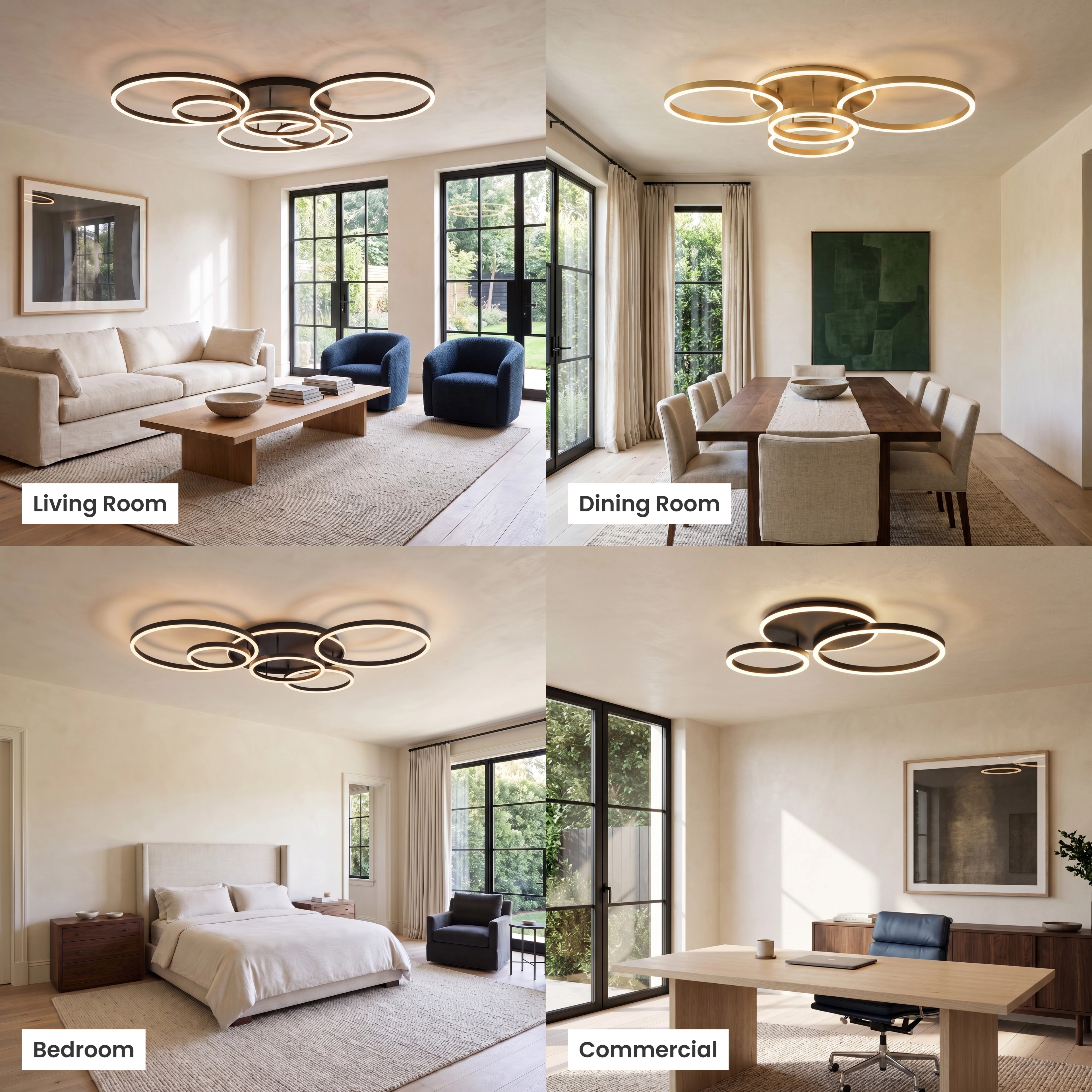Chloe Smart ceiling light shown in living room, dining room, bedroom and commercial settings